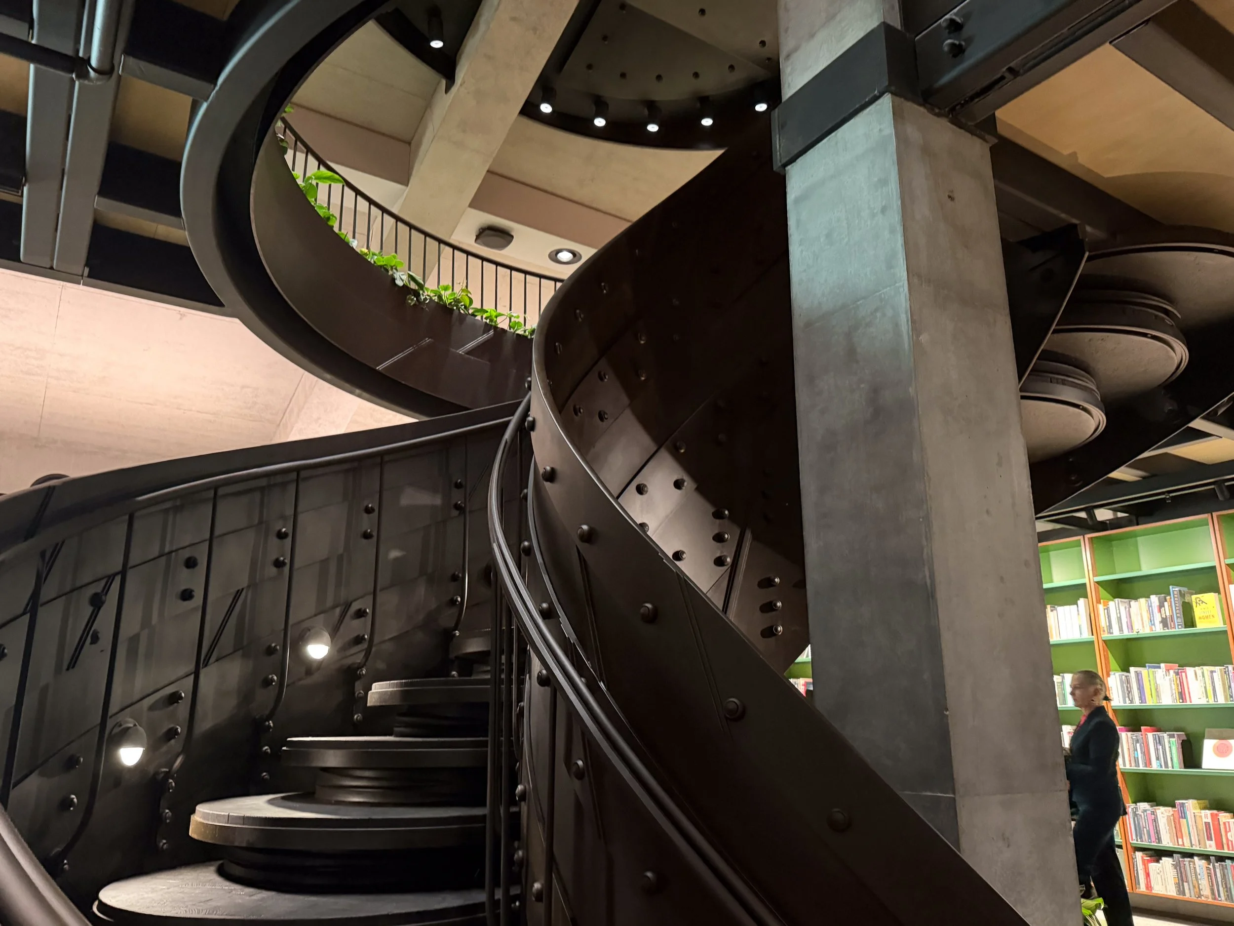 A steel staircase in Mona's new library Phrontisterion