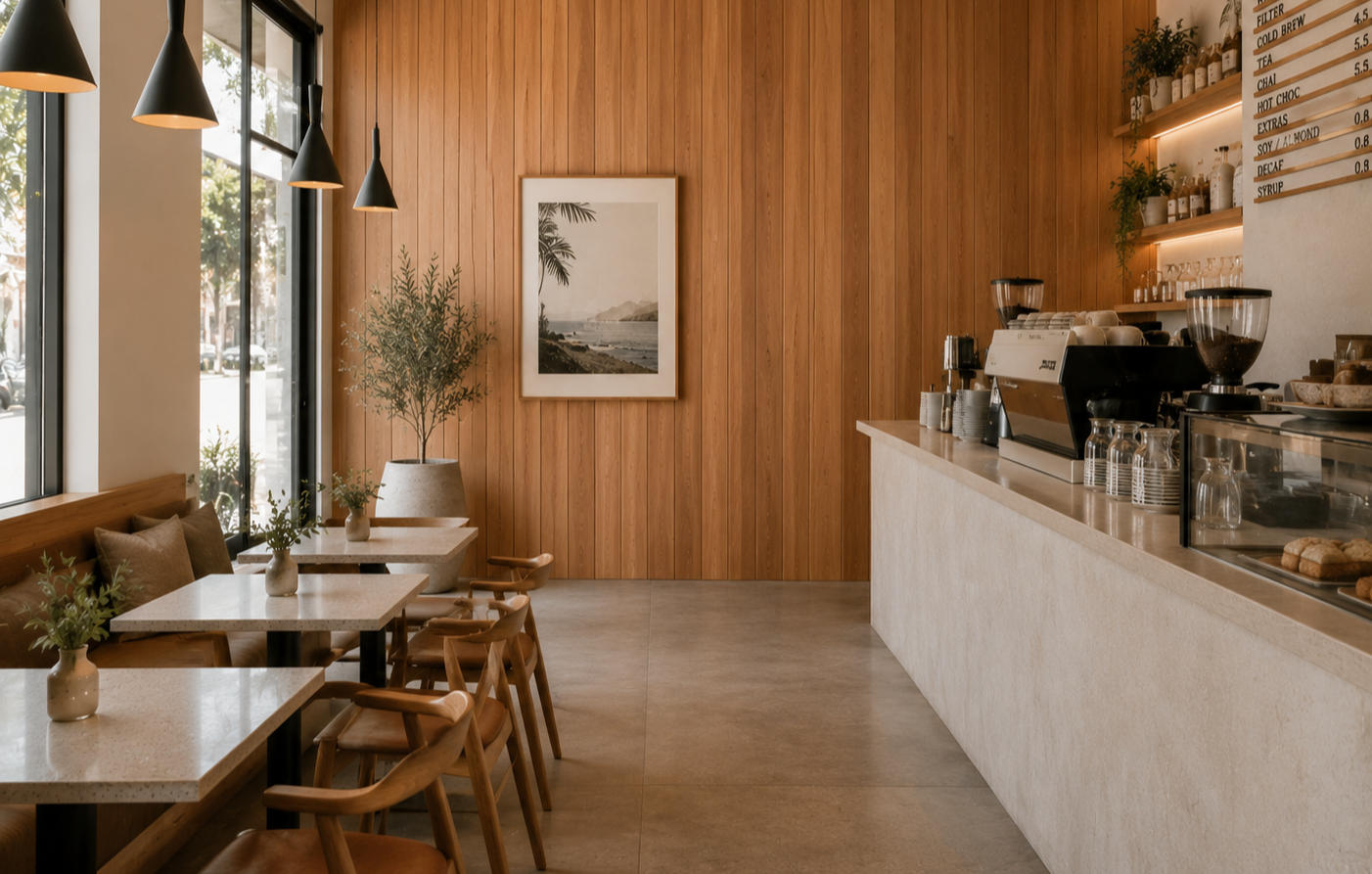 VJ Panelling used as a feature wall in a modern cafe