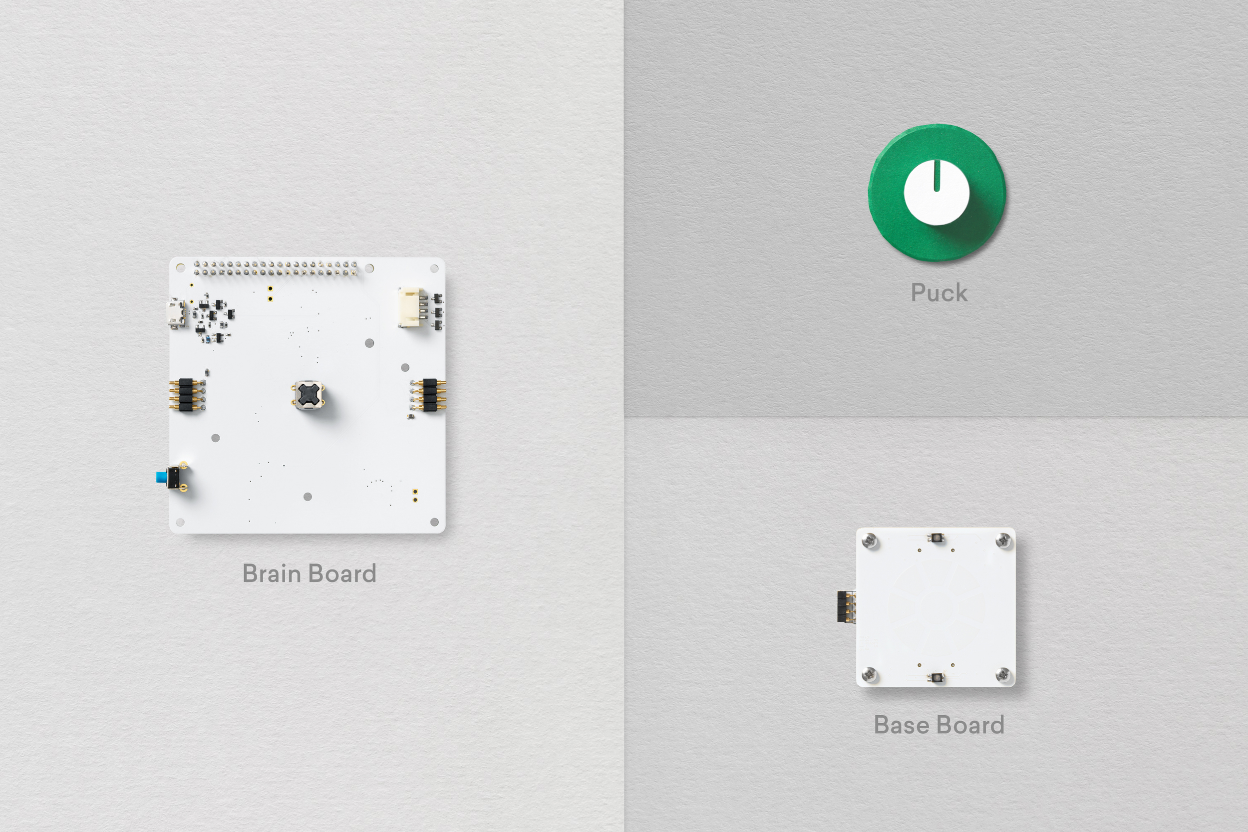 The platform is made of three main components: a Brain Board, Base Boards, and Pucks. Together, they can control things like toys, IoT devices, or applications on a computer/tablet.