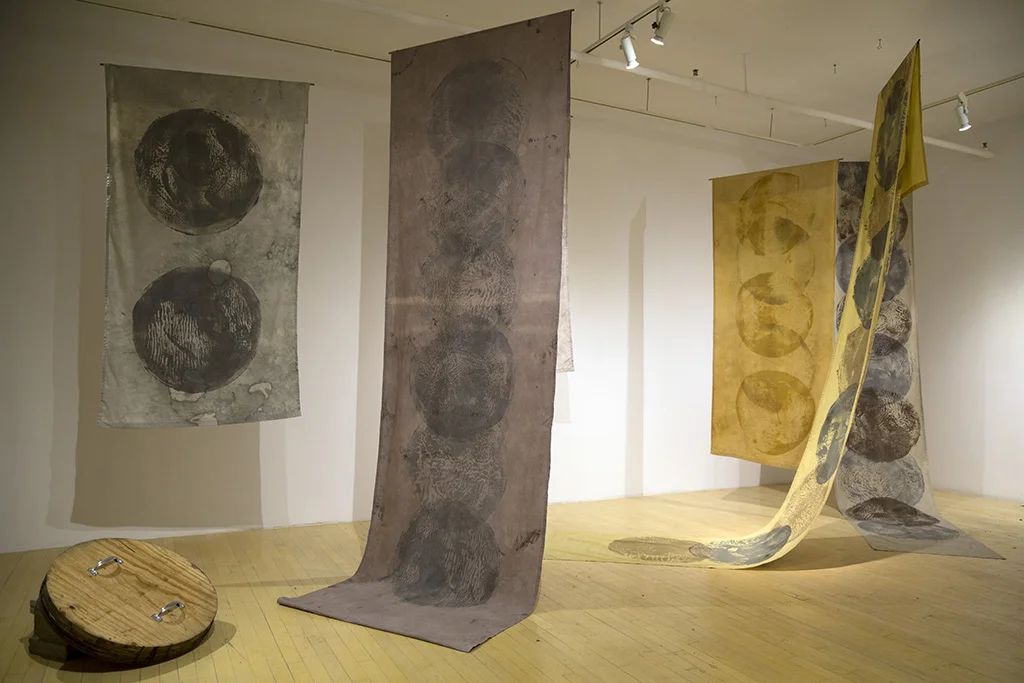  Breaking Through the Clouds (Annexe Gallery) / 2018 / Reused cotton sheets, Cotton fabric, Avocado skin &amp; pits dye, Rosemary dye,  Turmeric dye, Hibiscus &amp; Iron printing ink, Turmeric Printing ink,  Black tea &amp; Iron printing ink, Gre