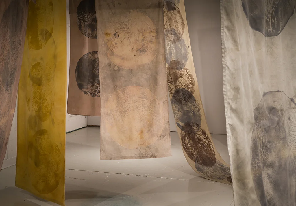  Breaking Through the Clouds / 2018 / Reused cotton sheets, Cotton fabric, Avocado skin &amp; pits dye, Rosemary dye,  Turmeric dye, Hibiscus &amp; Iron printing ink, Turmeric Printing ink,  Black tea &amp; Iron printing ink, Green tea printing i