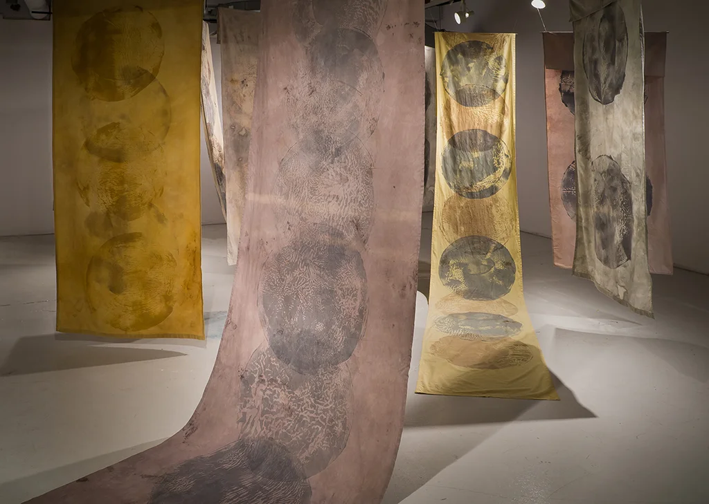  Breaking Through the Clouds / 2018 / Reused cotton sheets, Cotton fabric, Avocado skin &amp; pits dye, Rosemary dye,  Turmeric dye, Hibiscus &amp; Iron printing ink, Turmeric Printing ink,  Black tea &amp; Iron printing ink, Green tea printing i