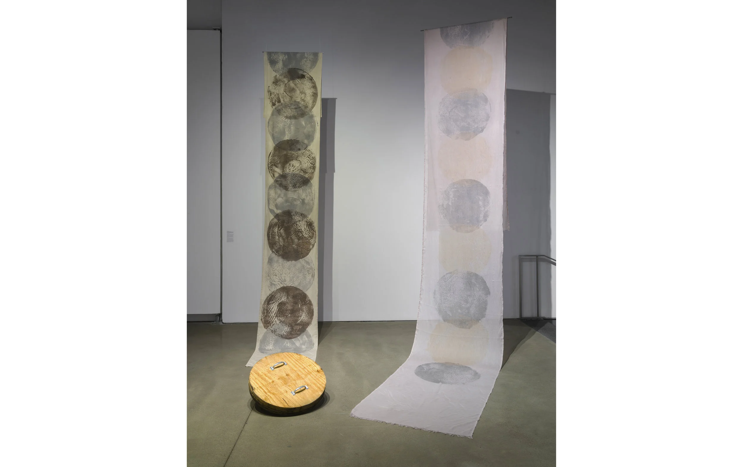  Breaking Through the Clouds (Gallerie FOFA Gallery) / 2018 / Cotton fabric, Avocado skin &amp; pits dye, Rosemary dye,  Hibiscus &amp; Iron printing ink, Black tea &amp; Iron printing ink, Black tea printing ink, Steel rods,  Wood block stamp, C