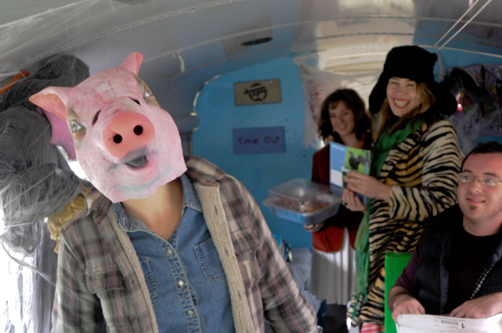 A scary pig on the haunted Vegan Bus