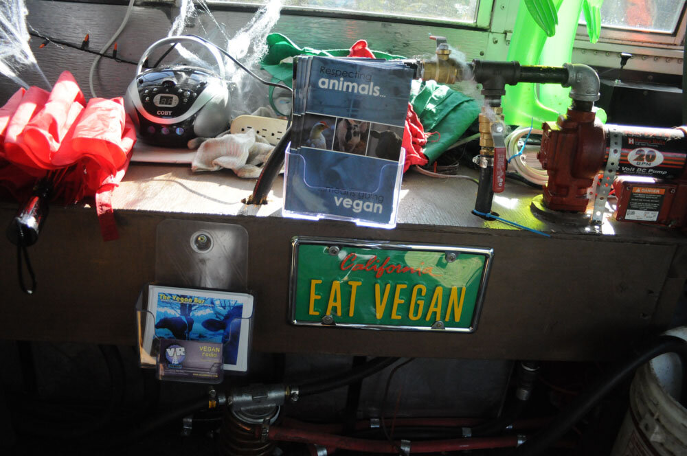 The veggie oil fuel tank with vegan props on the Vegan Bus