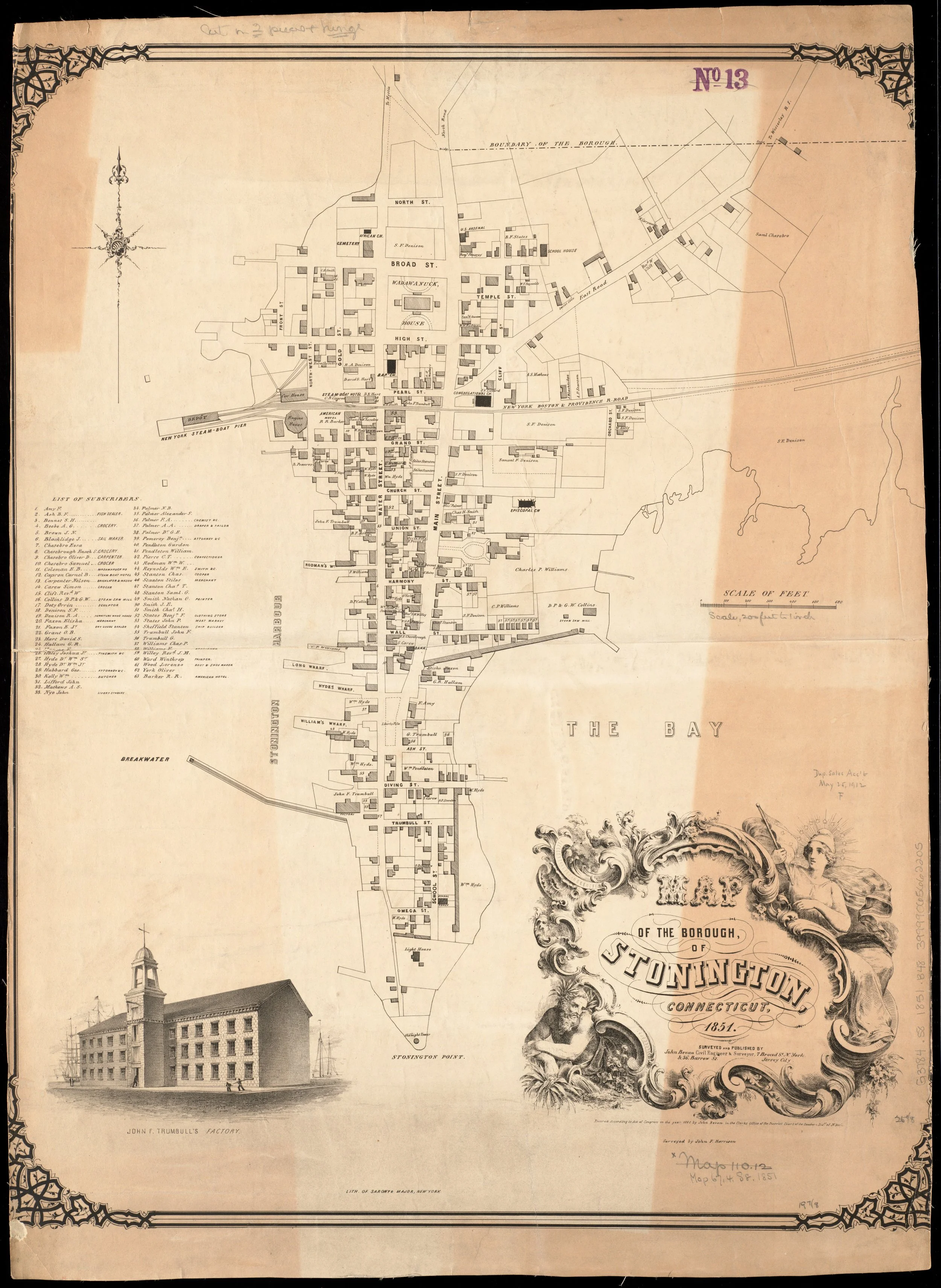 This map from 1851 shows the New York Boston & Providence Railroad line as it ran through the middle of Stonington Borough, out to New York Steam-Boat Pier, now the site of the current Town Dock.