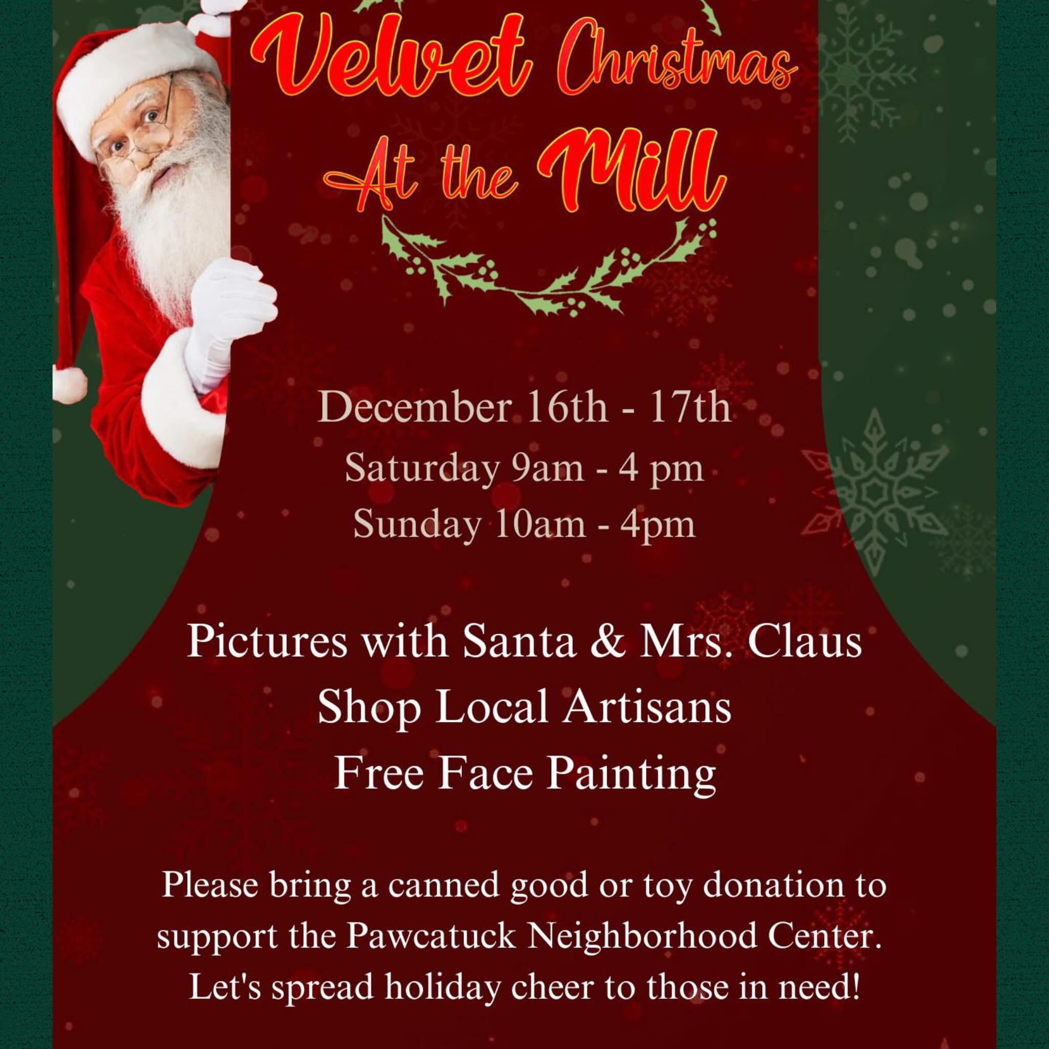 Experience the enchantment of the holiday season at @@the_velvetmill! This Saturday 12/16 and Sunday 12/17, explore a charming holiday market filled with a curated selection of gifts, crafts, and seasonal delights. Meet and greet Santa and Mrs. Claus