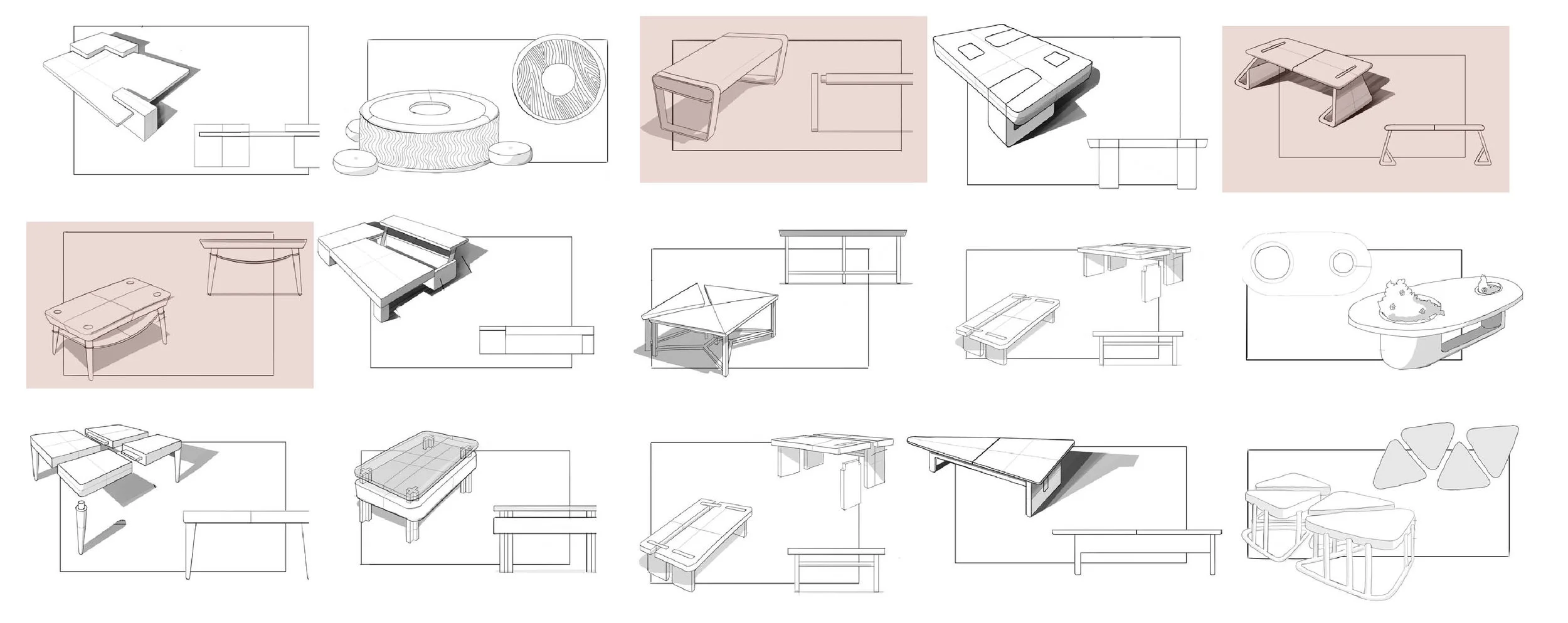 For the first round of ideation, we chose to focus on designing a coffee table that could be assembled by slotting the components together without requiring additional fasteners. We also played with modular concepts and tables with built-in storage.