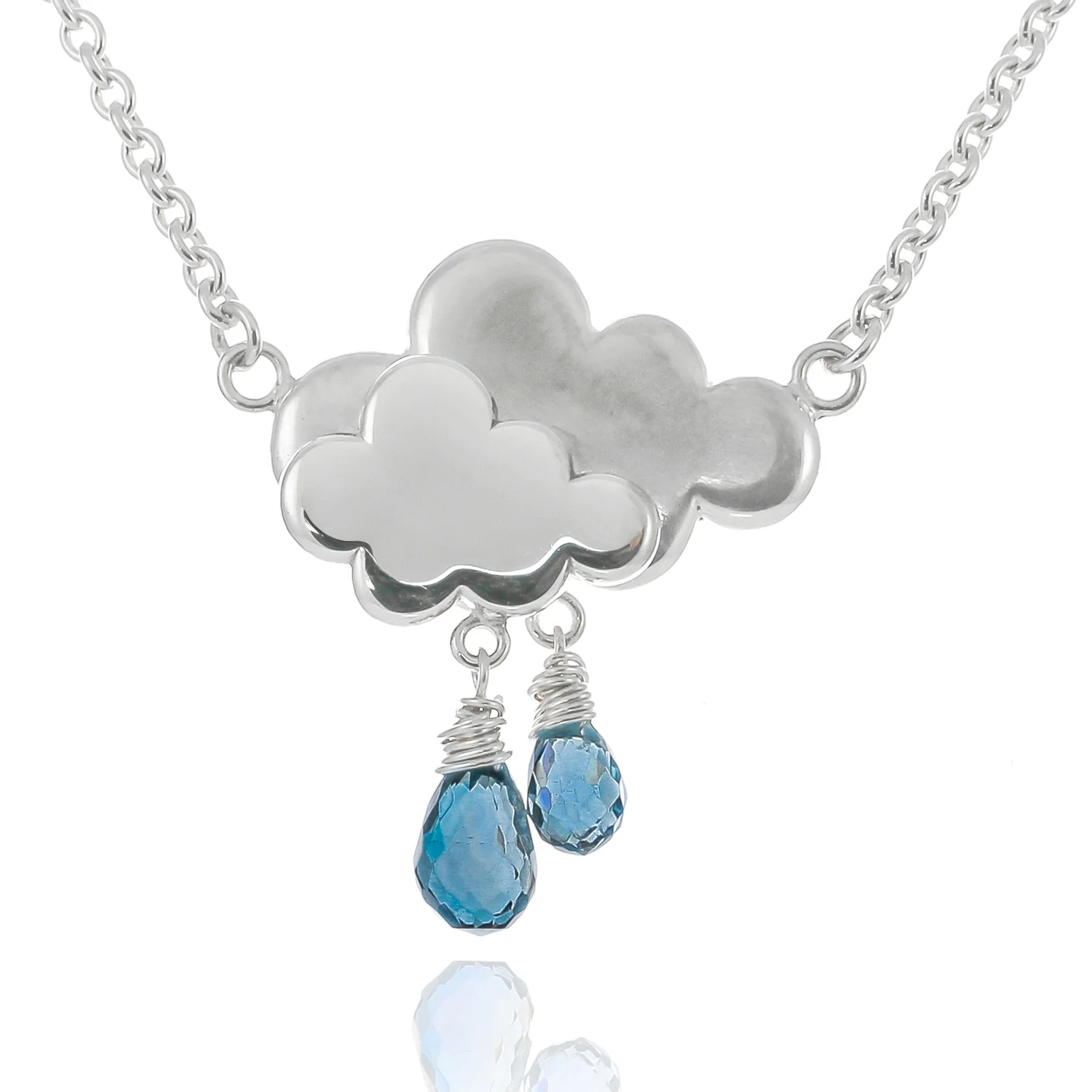 Sterling silver large cloud necklace with blue topaz raindrops, handmade in London