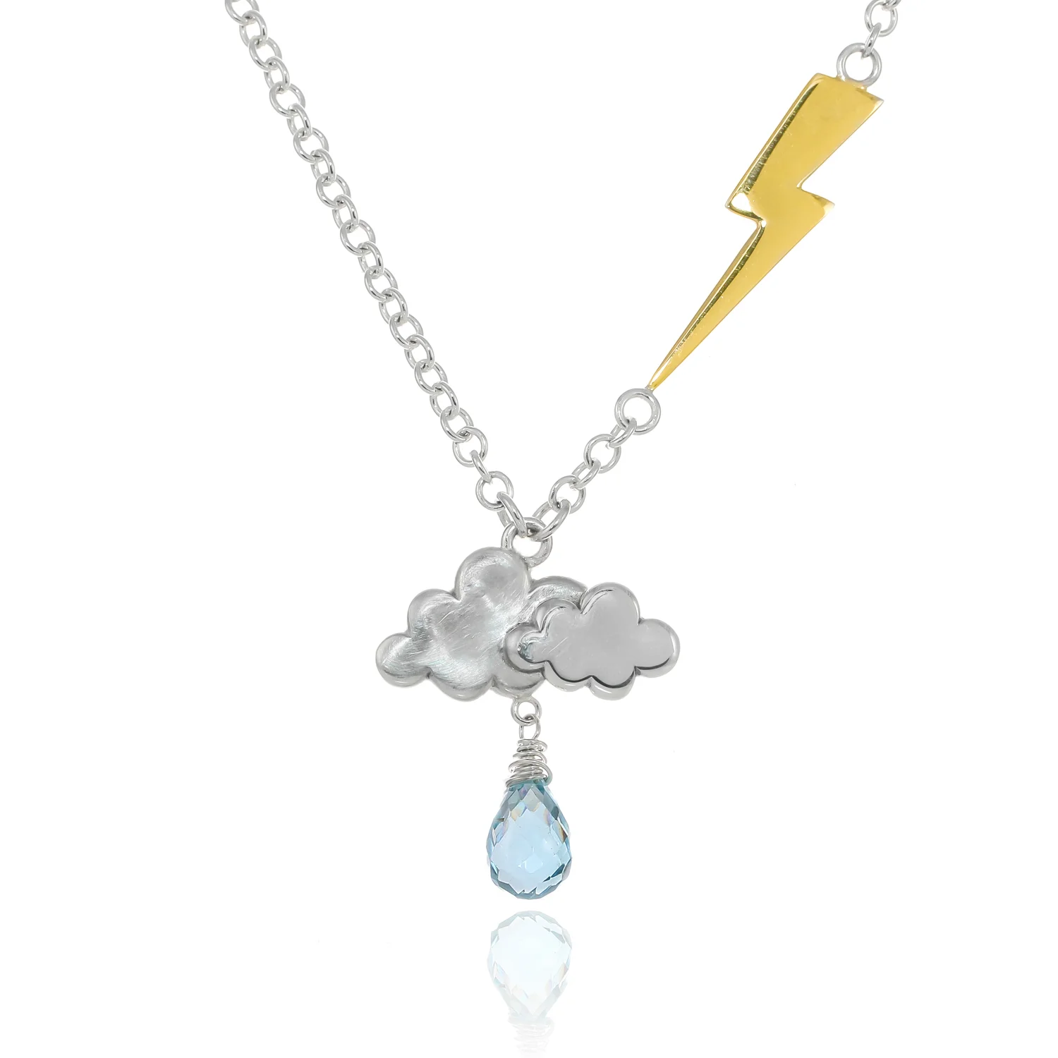 Sterling silver and gold cloud and lightning bolt thunderstorm necklace