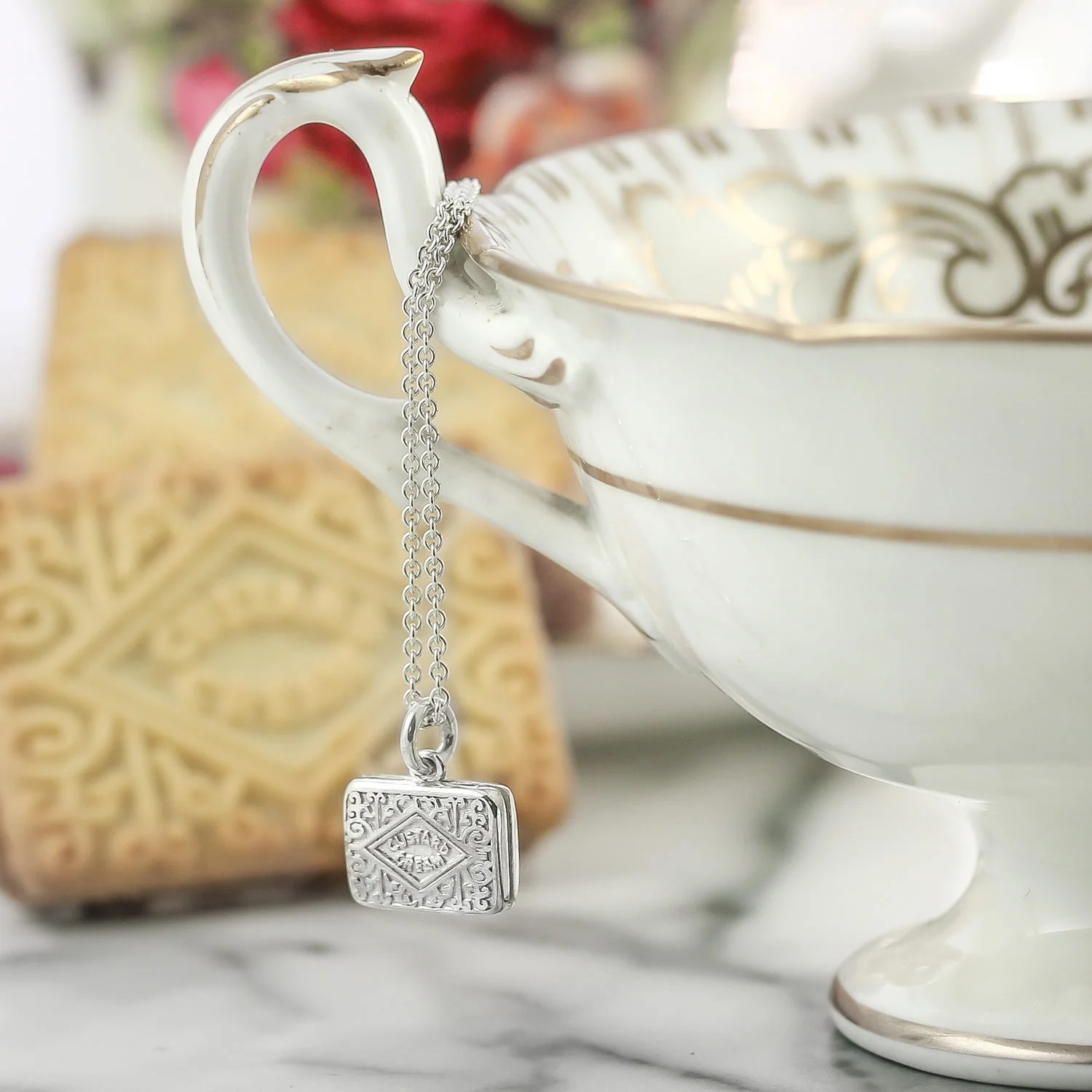 Ethical recycled silver custard cream biscuit necklace