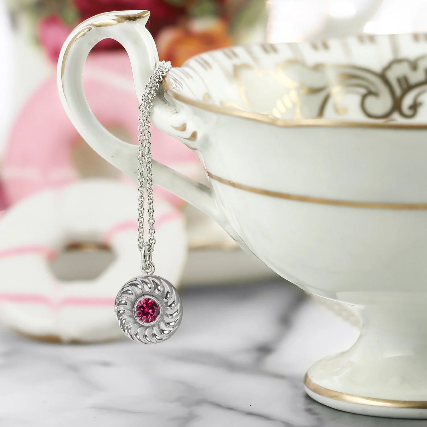 Sterling recycled silver jam biscuit necklace with teacup