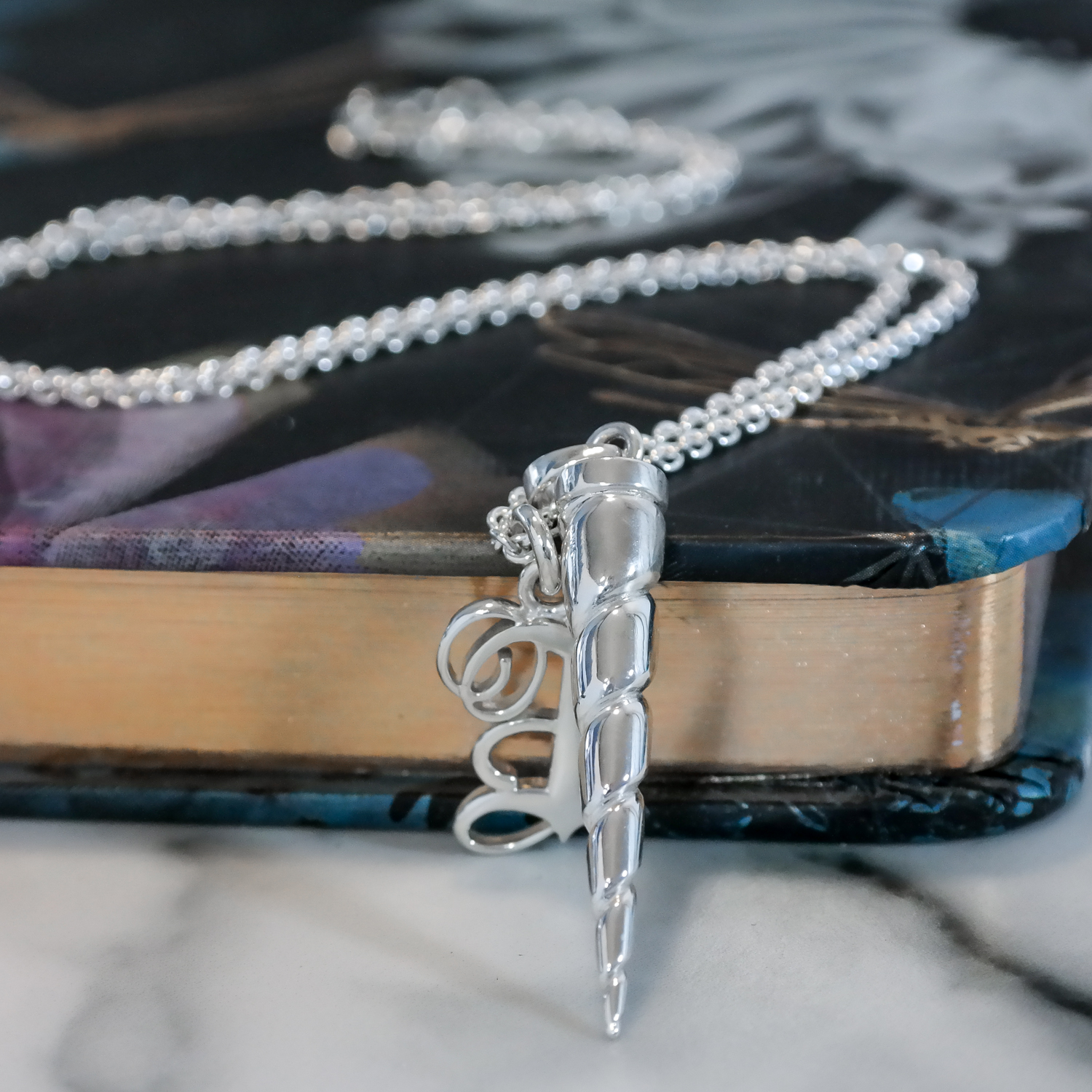 Silver unicorn horn and custom initial necklace