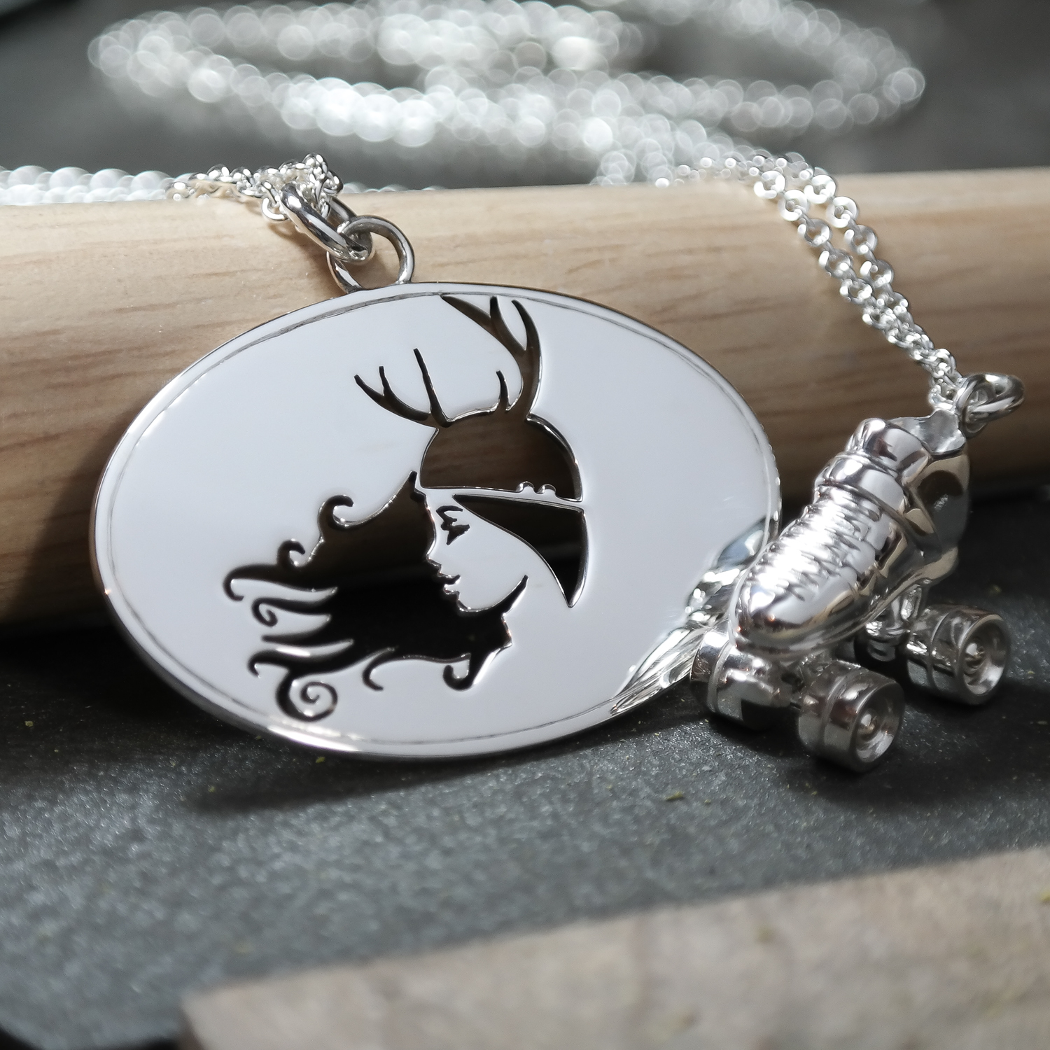 Sterling silver custom roller derby skate logo necklace