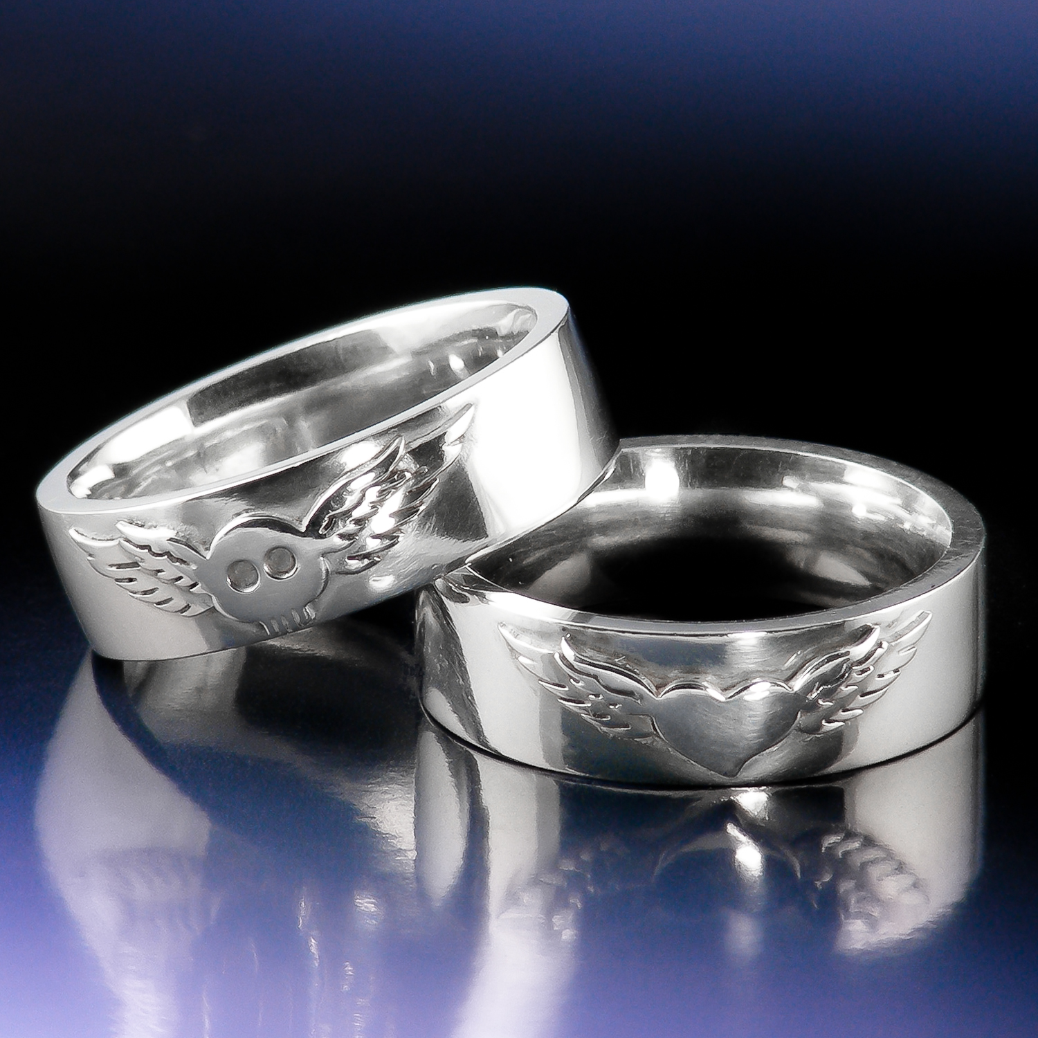 Sterling eco silver skull and heart tattoo wedding rings