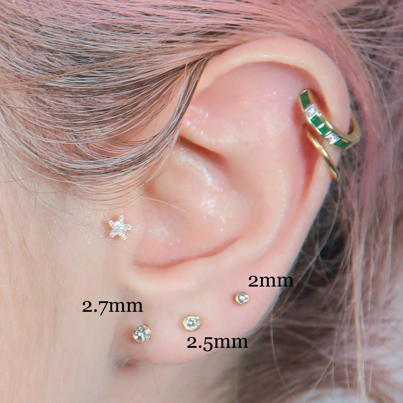 18ct gold and grey diamond ethical stud earrings multiple piercings