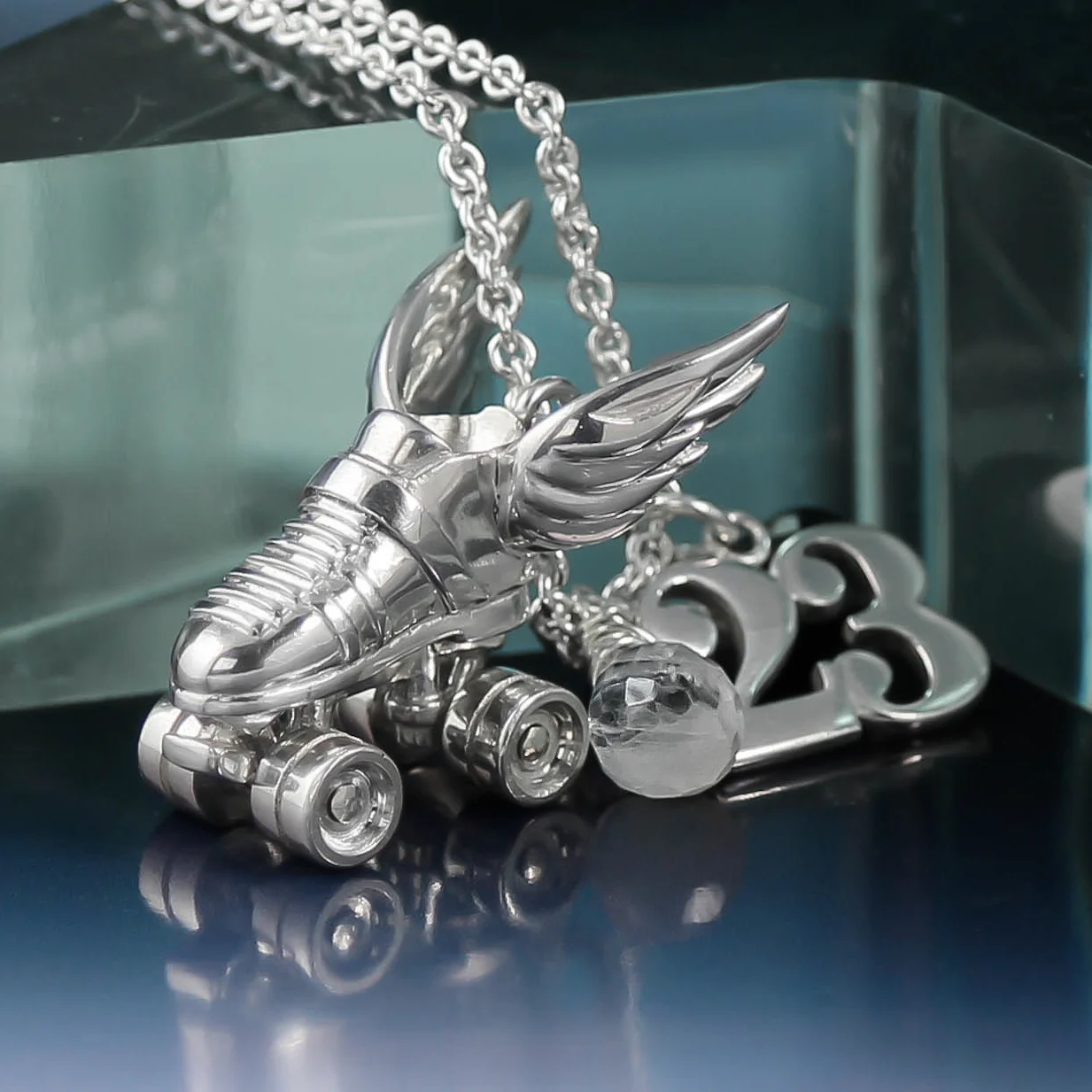 Silver roller derby winged skate necklace with custom number charm