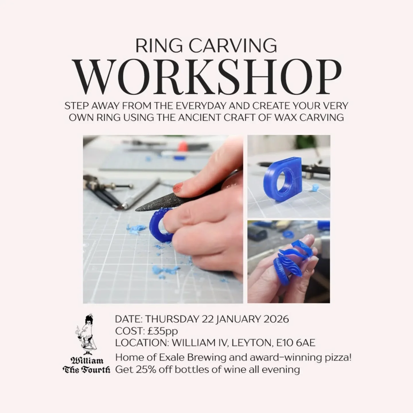New workshop for the new year! Join me on 22 January 2026 from 7pm - 9:30pm at the gorgeous @williamthefourthleyton for an evening of creativity and carving. In this hands-on, beginner friendly workshop, you'll learn the ancient art of wax carving to