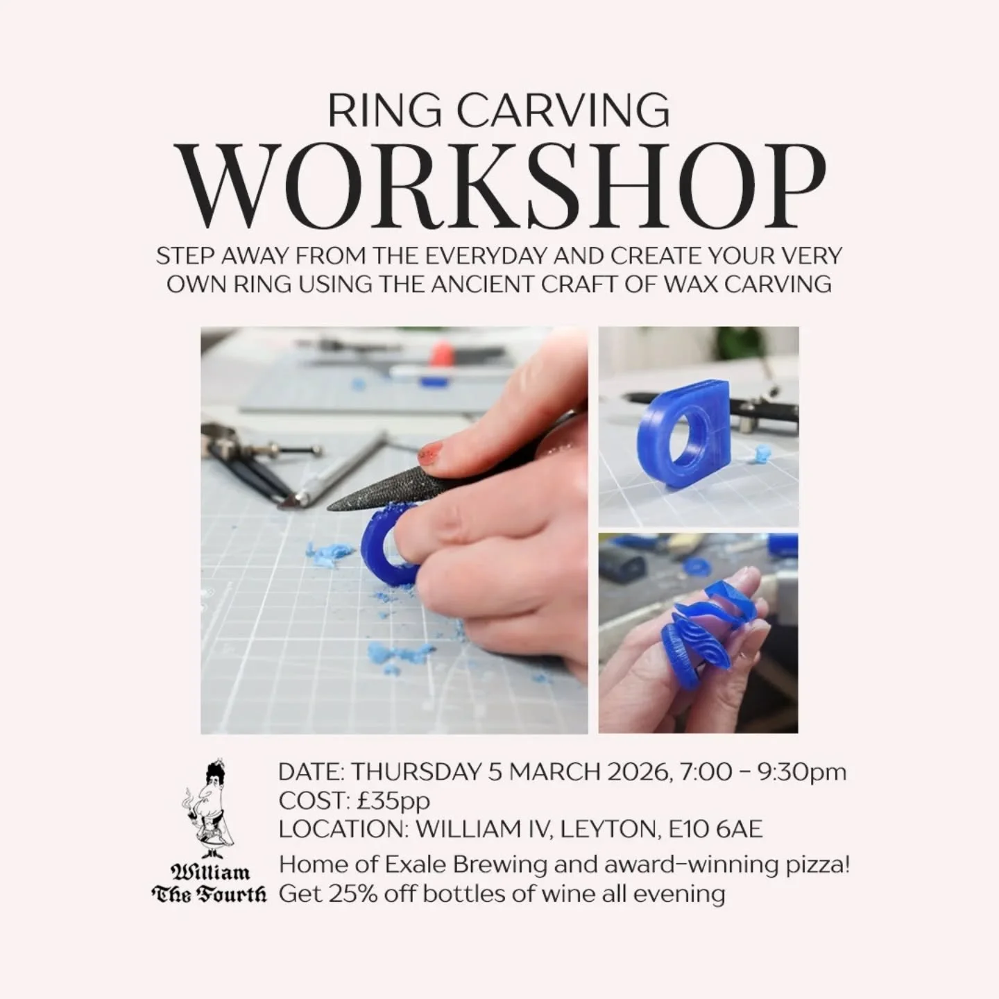 Make a new ring for Spring! Join me on 5 March 2026 at  @williamthefourthleyton and 26 March @exaletap_e17 for an evening of creativity and carving. In this hands-on, beginner friendly workshop, you'll learn the ancient art of wax carving to create y