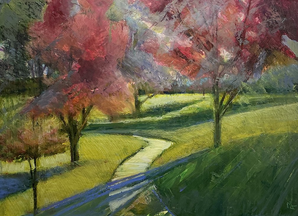   Redbud Pathway ,19×25, oil on panel, $1450 