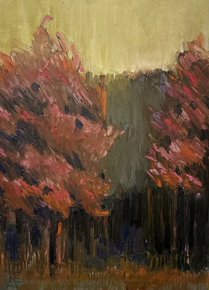   Crimson Forest , 14×11, oil on panel, $695 