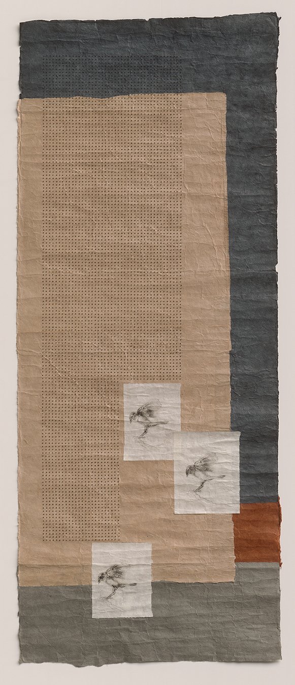  “When Birds Fly Low”, 57×27, etching, French knots on handmade paper, $3500 