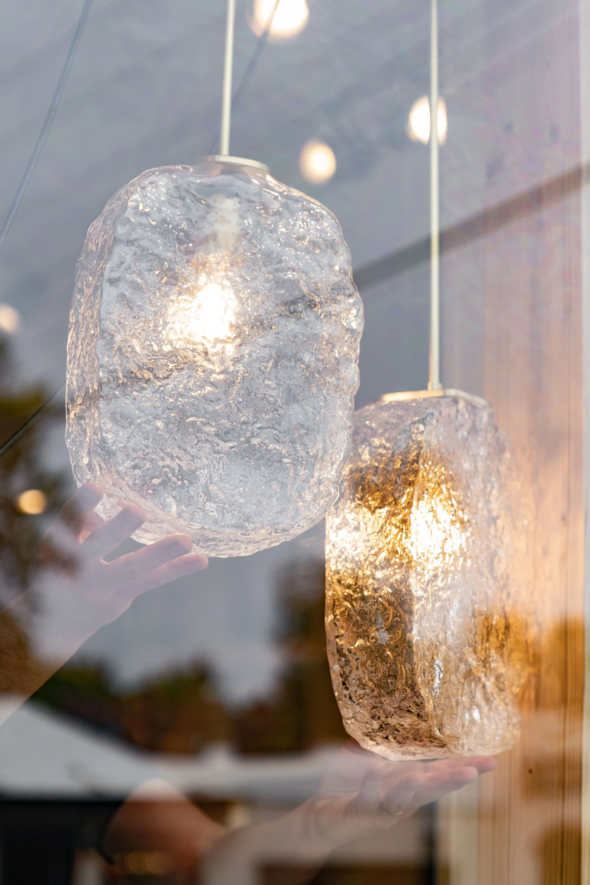   Floe Pendant Lamps,  sculpted, handblown glass, $2450 