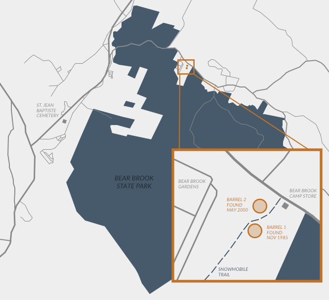 Map of Bear Brook State Park showing trail, gardens, and campsite with marked locations of two found barrels, one in November 1985 and the other in May 2000.