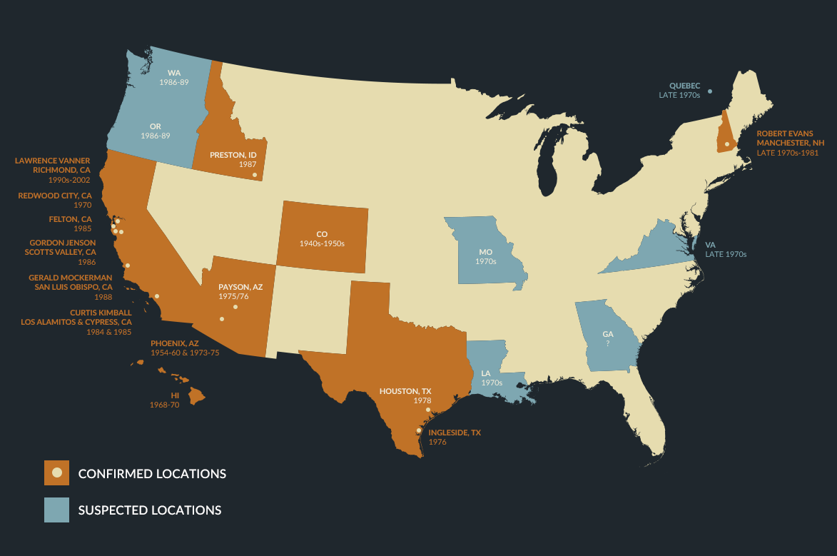 Map of the United States showing confirmed (orange) and suspected (blue) locations of a certain event, with city names and years indicated for each location.