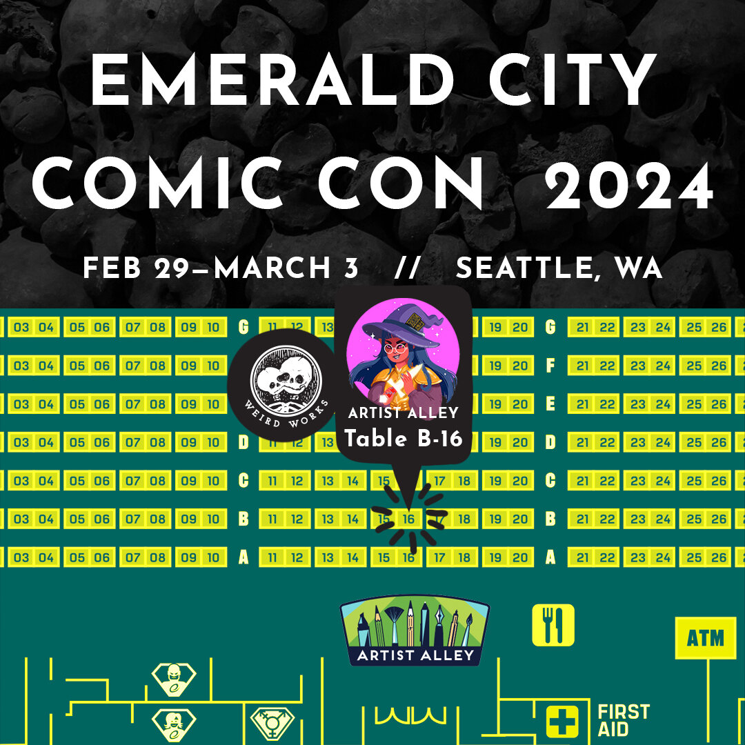 Find @weirdbee.art in the Artist Alley at ECCC, she will have some new prints, stickers, and other goodies! Both tarot decks will be available, as well as our new Eldritch Overload tarot reading guide!