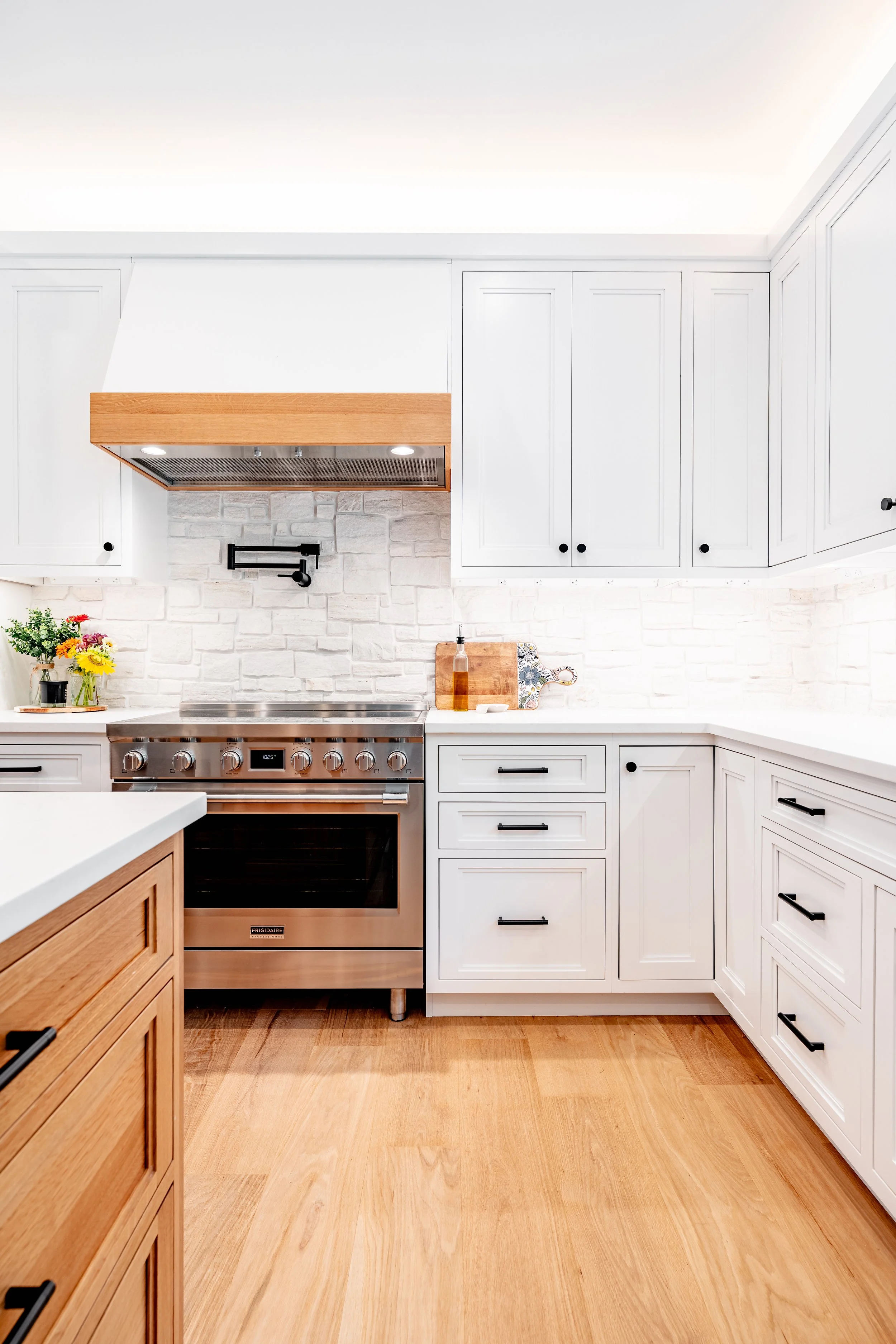 White Kitchen with White Oak Island Cabinets