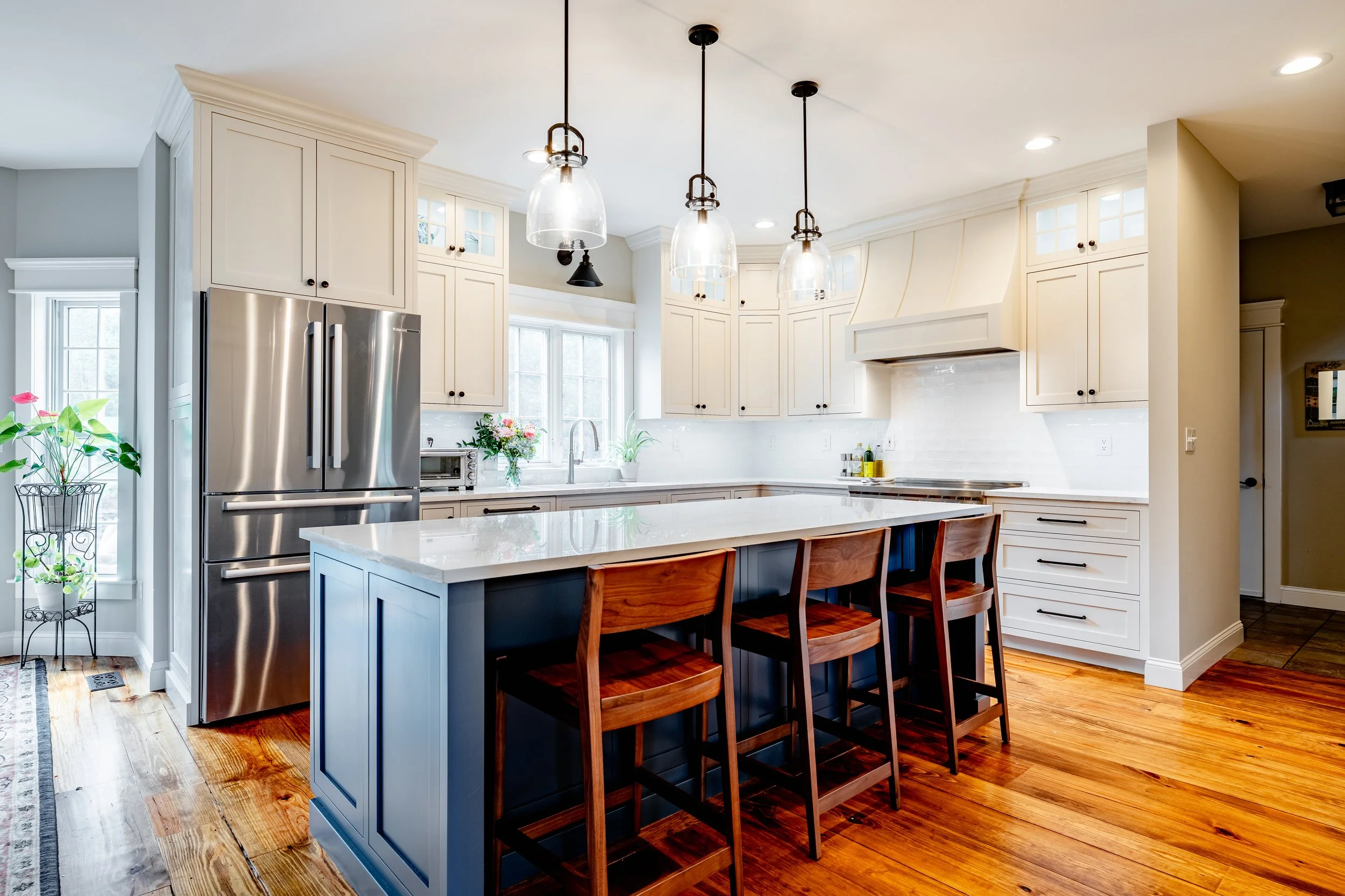 White Kitchen Cabinets with Blue Kitchen Island Cabinets