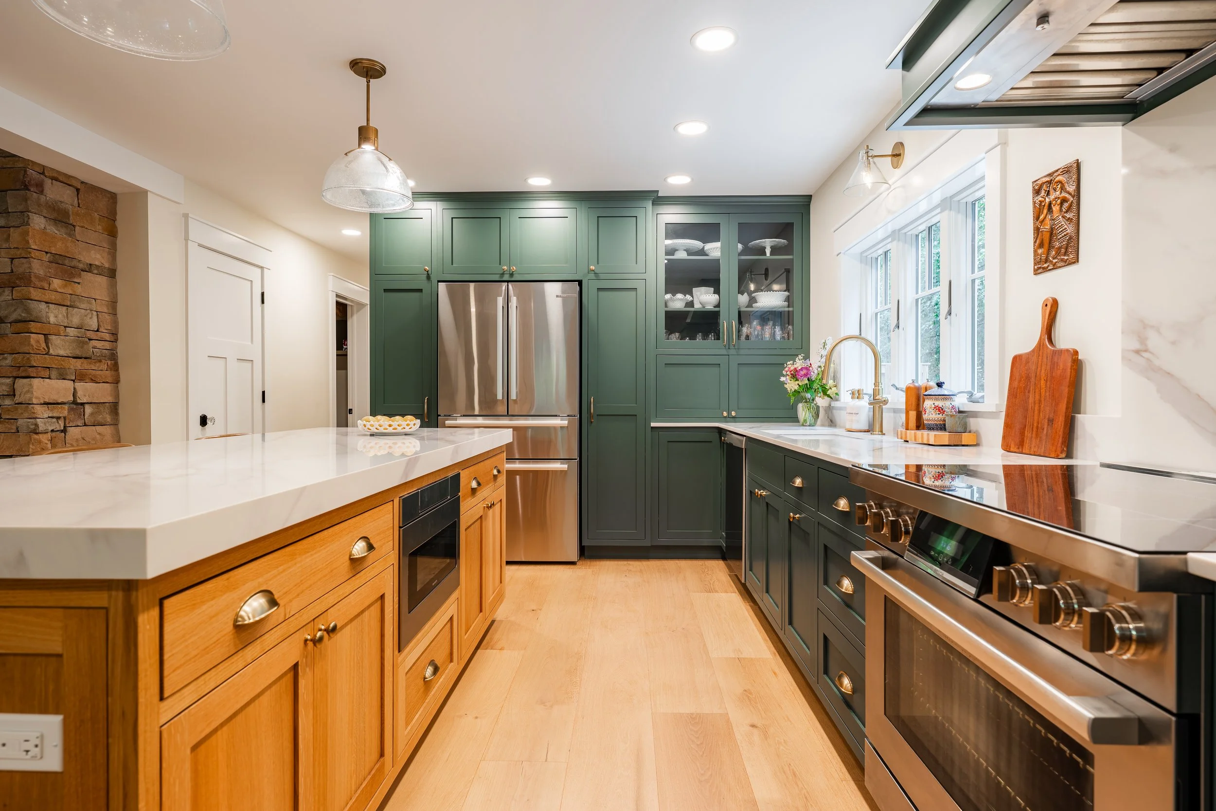 Green Kitchen Cabinets with White Oak Kitchen Island