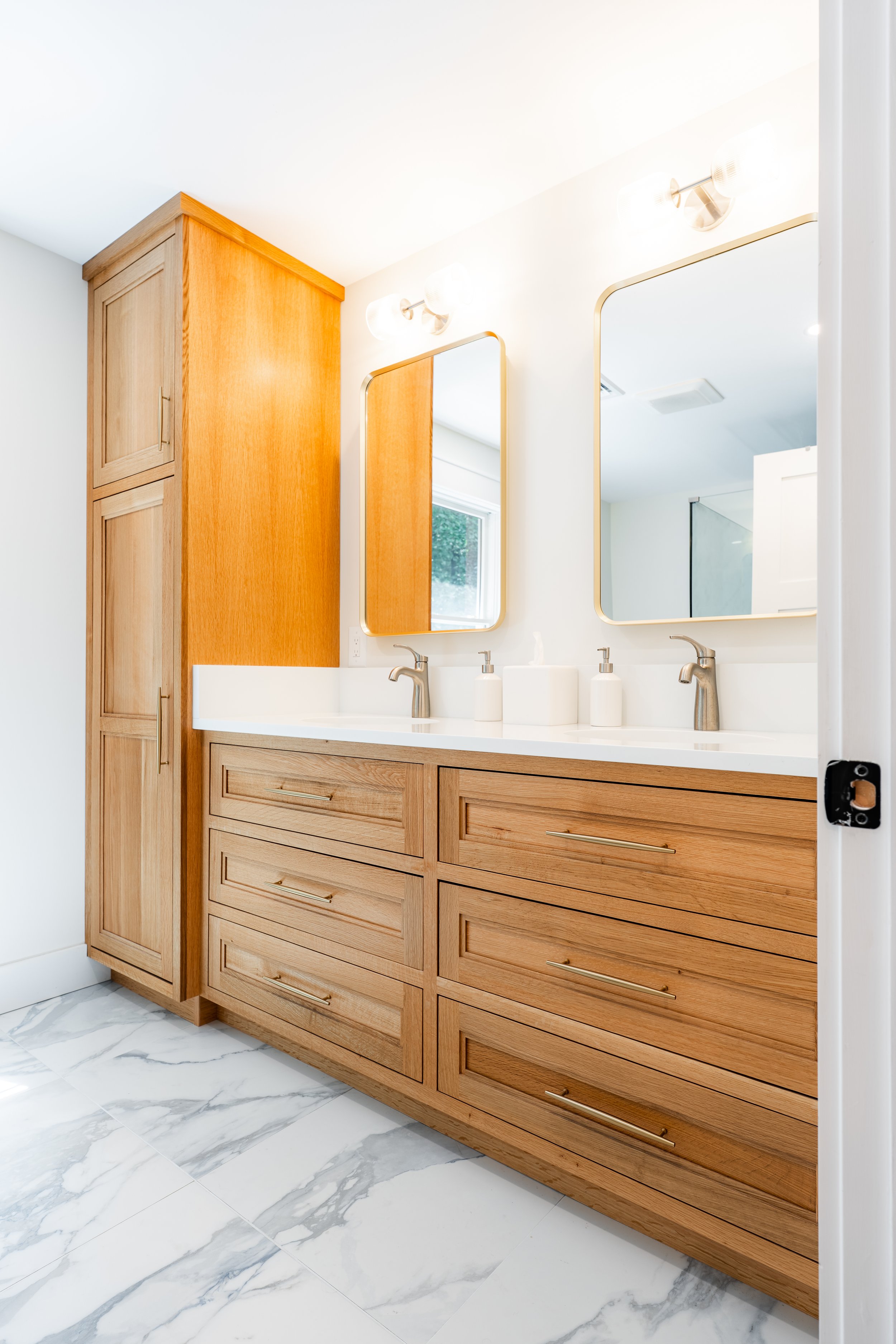 White Oak Bathroom Vanity with Tall Linen Cabinet