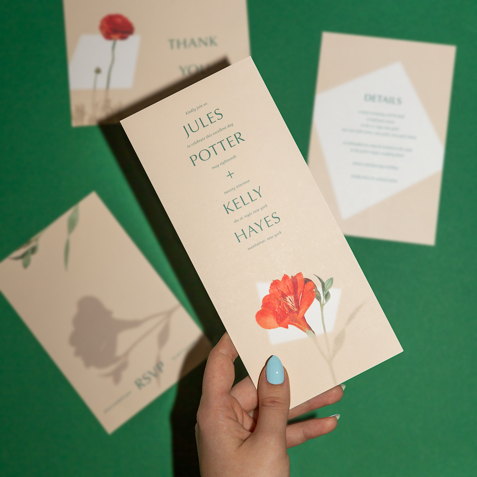 Ephemora’s elegant Flor stationery suite, featuring floral photography and gentle shadows.