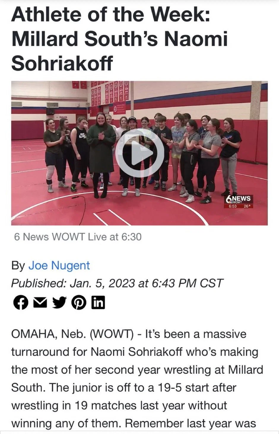 WOWT Athlete of the week: Naomi Sohriakoff