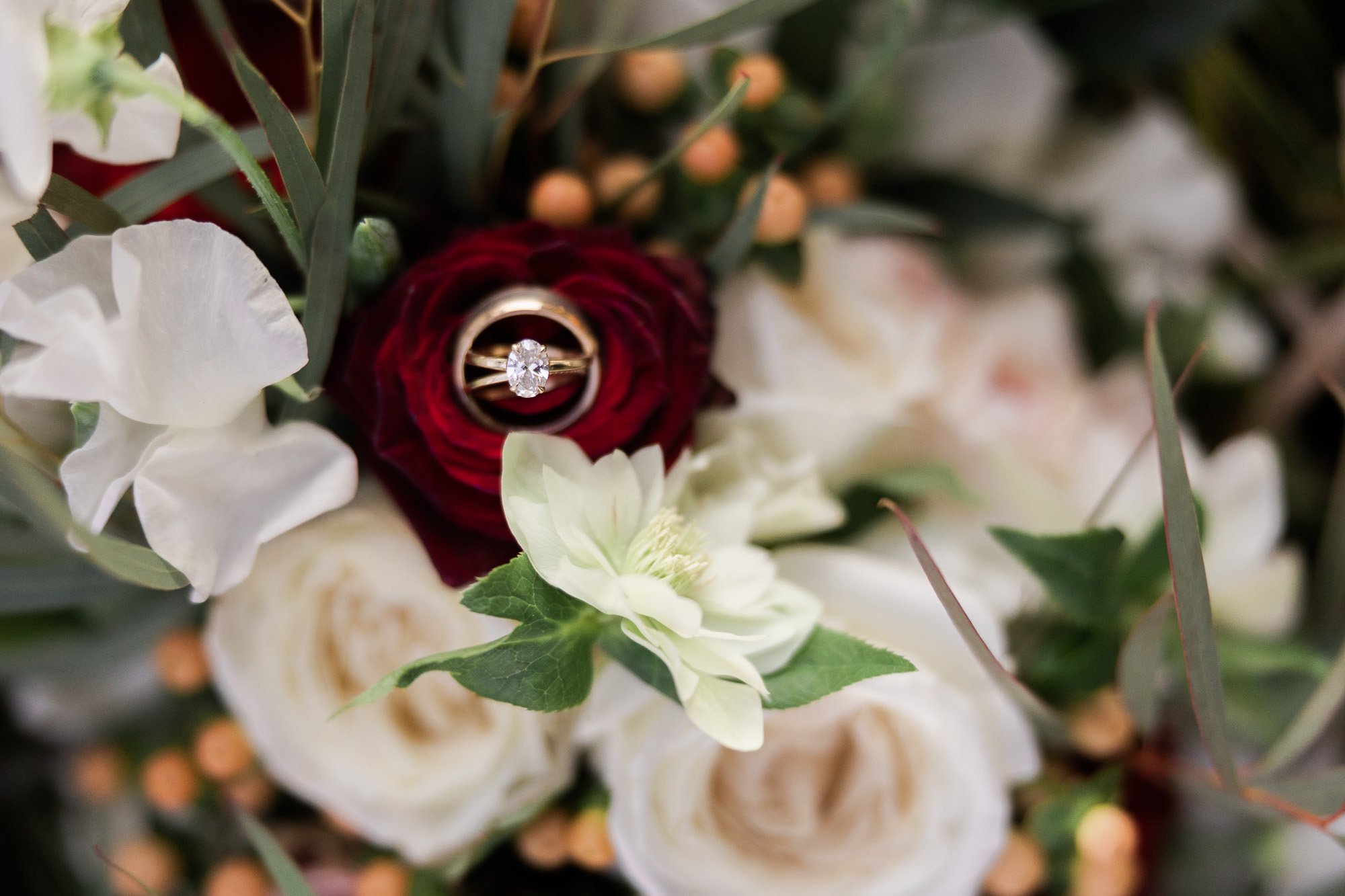 wedding bands sit on bouquet of red and white flowers