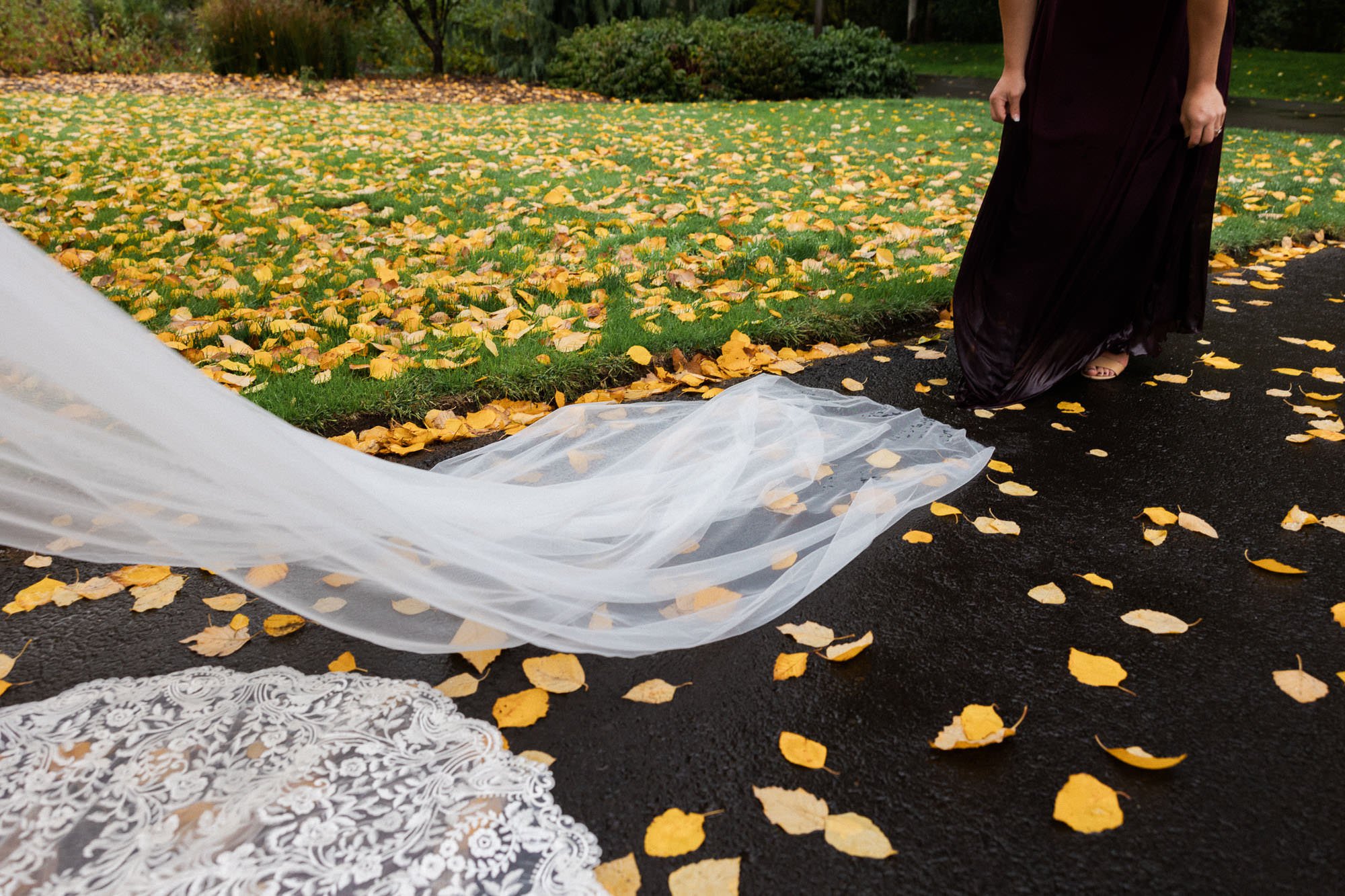 bridal veil and dress train lay on sidewalk with yellow leaves