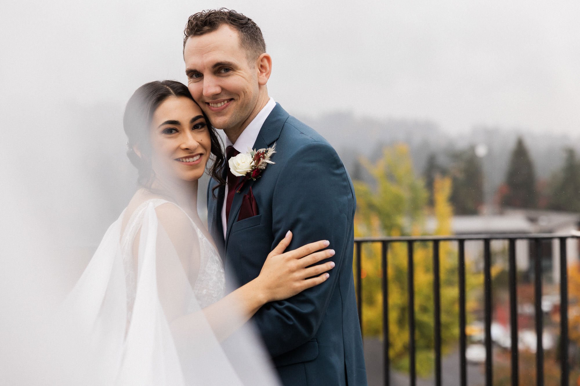 bride and groom embrace at ironlight wedding venue in lake oswego, oregon