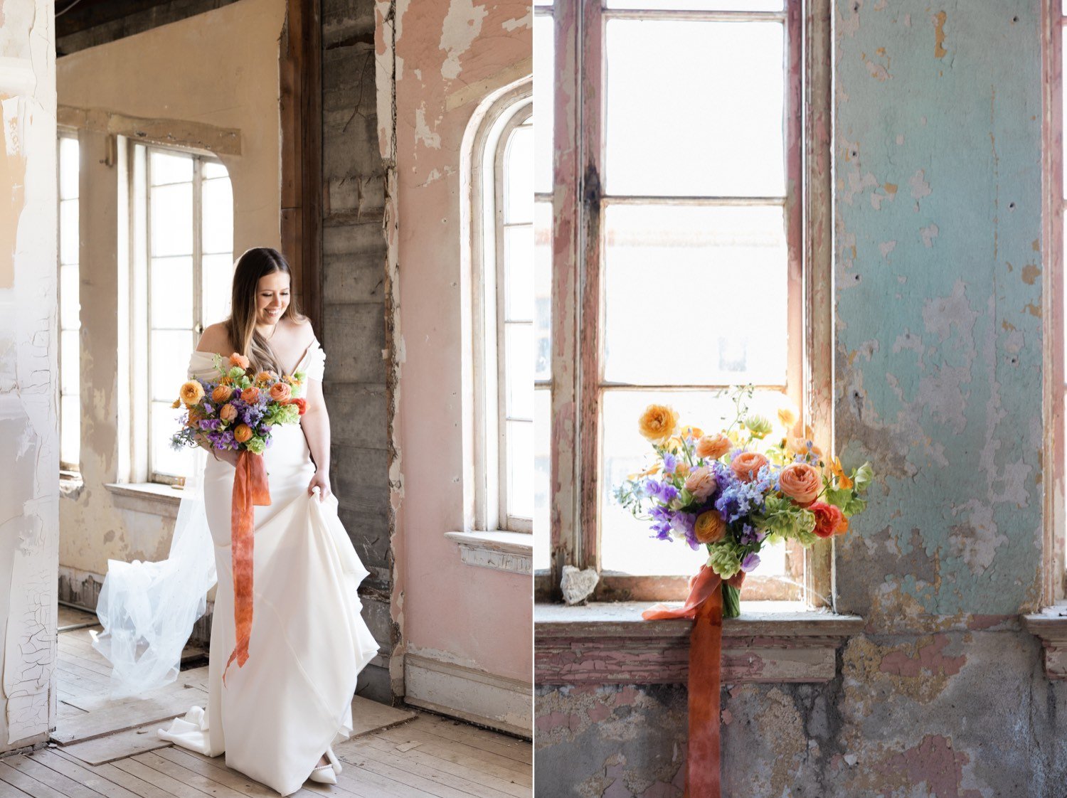 ruins at the astor astoria wedding-27_ruins at the astor astoria wedding-28_bridal bouquet with colorful flowers sits on window sill_bride holds dress and bouquet of colorful flowers while walking.jpg