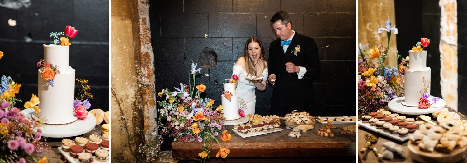 ruins at the astor astoria wedding-146_ruins at the astor astoria wedding-1-4_ruins at the astor astoria wedding-2-2_bride and groom cut cake during wedding ceremony_wedding cake and cookies_wedding cake adorned with colorful flowers.jpg