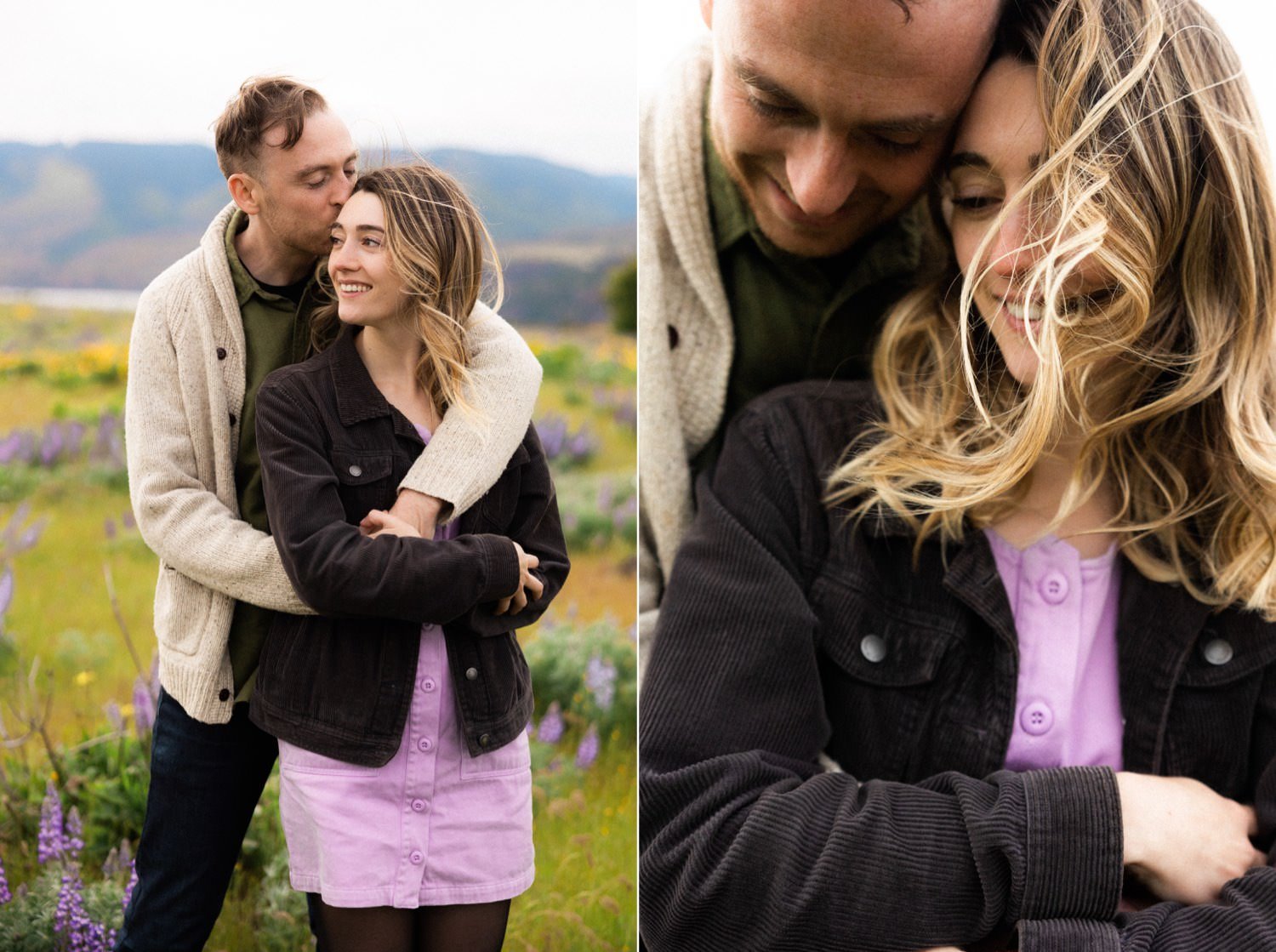 10_Wildflower Engagement Session at Rowena Crest59_Wildflower Engagement Session at Rowena Crest14_man stands behind and kisses woman wearing purple dress at rowena crest_man hugs woman from behind as her hair blows in wind.jpg