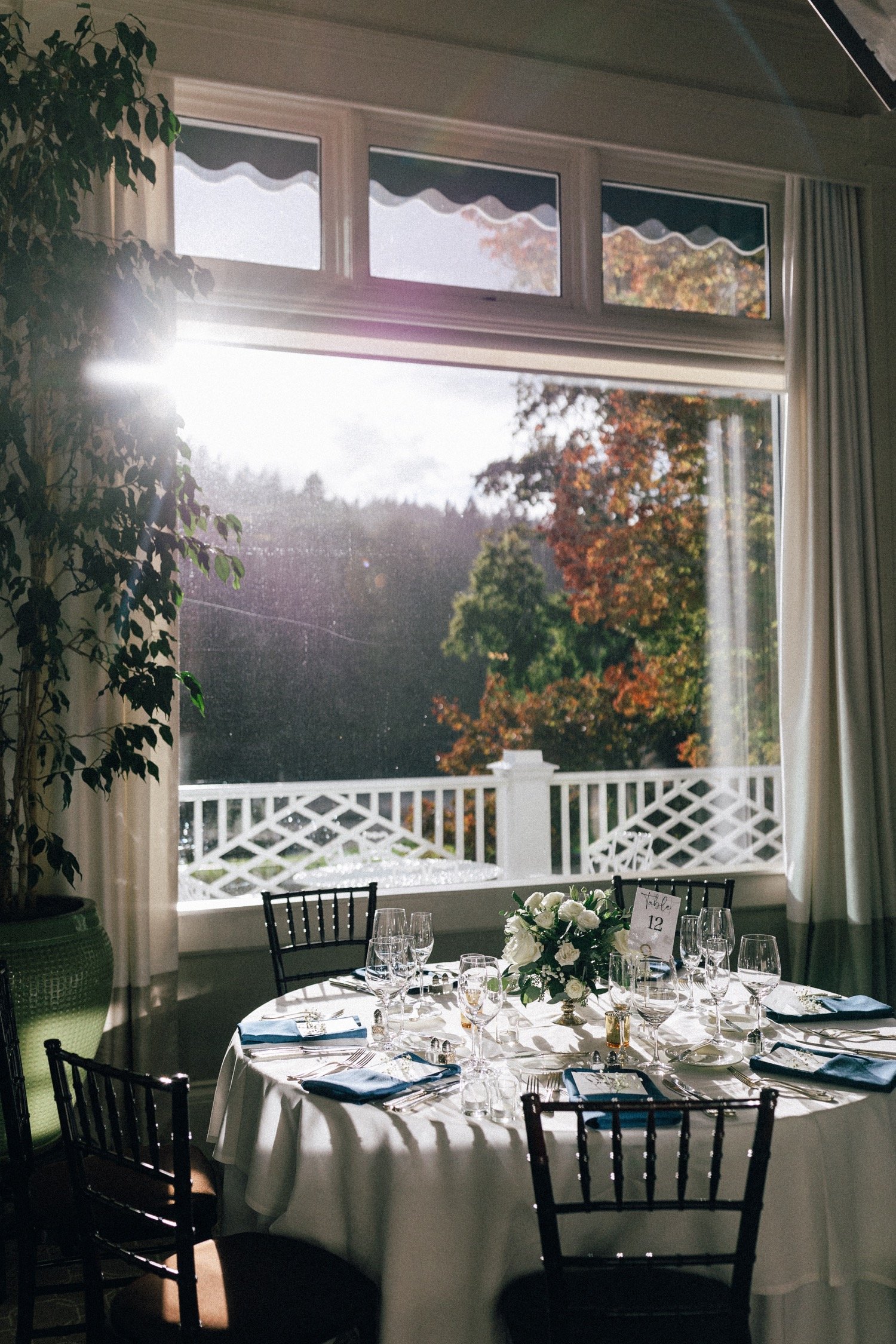  Table setting in front of a window with sun shining through 