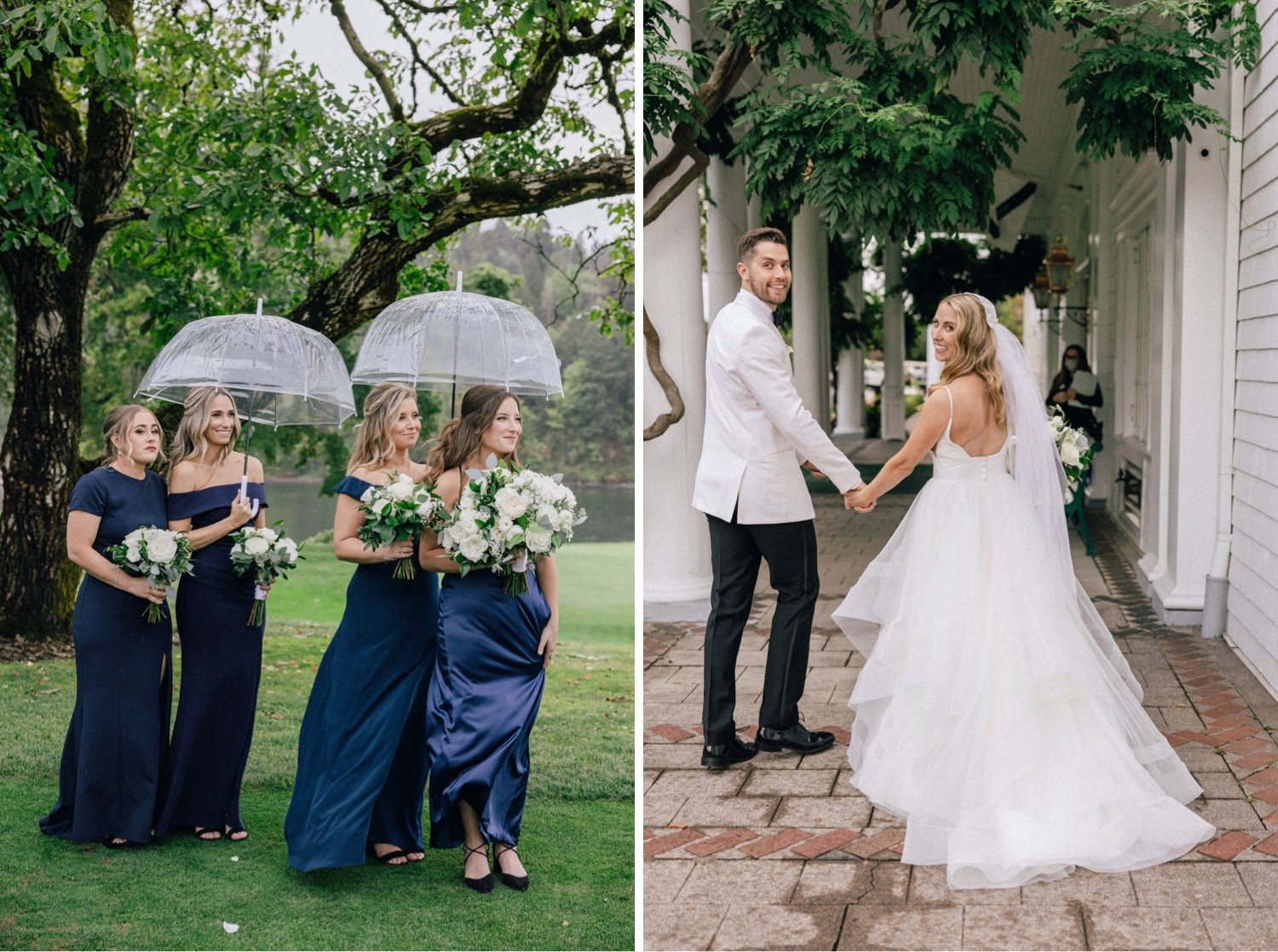 47_Waverley Country Club Wedding-8502_Waverley Country Club Wedding-8348_Four bridesmaids in navy blue dresses hold clear umbrellas during wedding ceremony.jpg