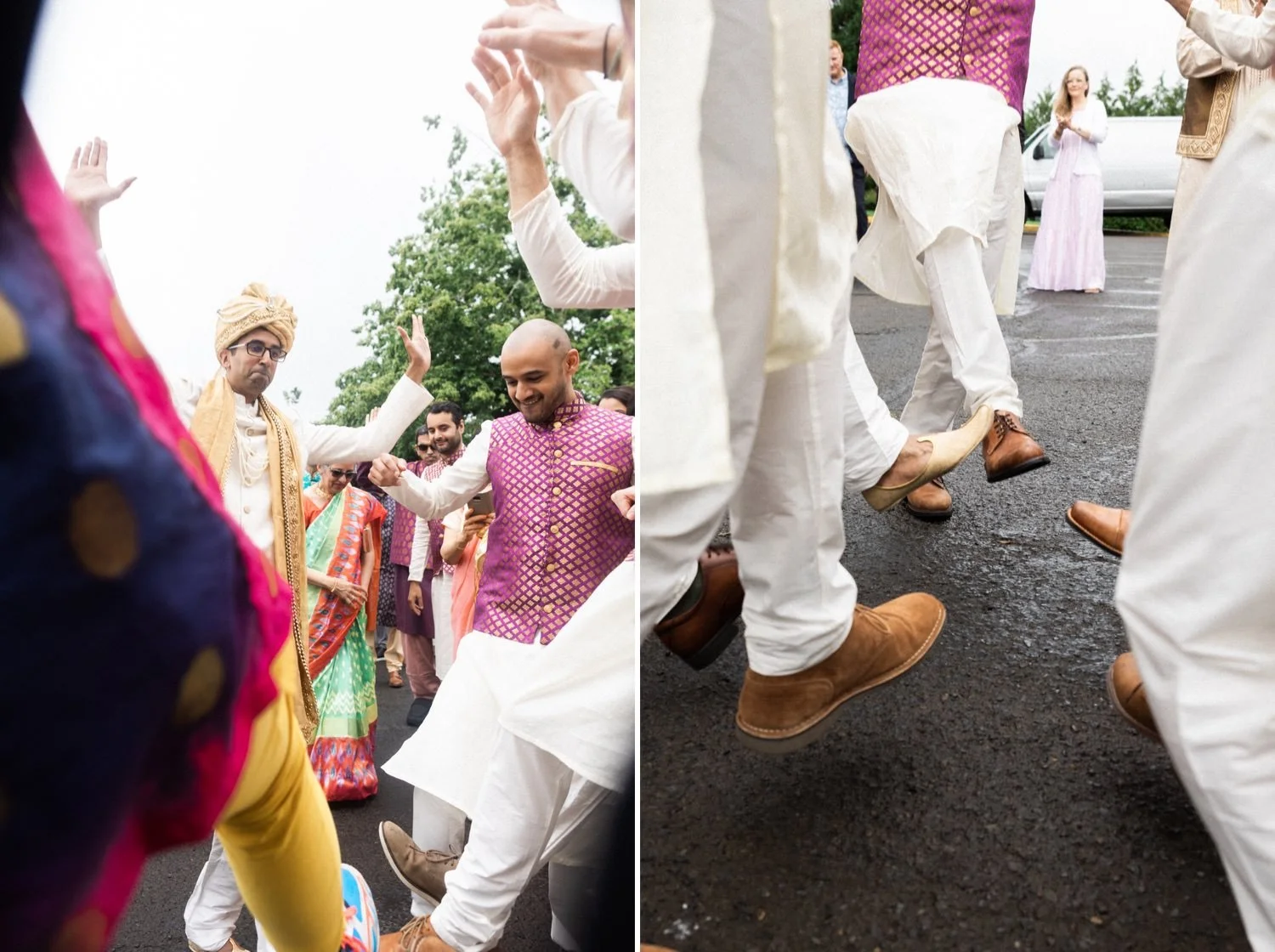 040_Oregon Golf Club Indian Wedding-92_Oregon Golf Club Indian Wedding-93_groom and groomsmen dance during baraat_groom’s mojari and groomsmen’s shoes kick while dancing during baraat.jpg