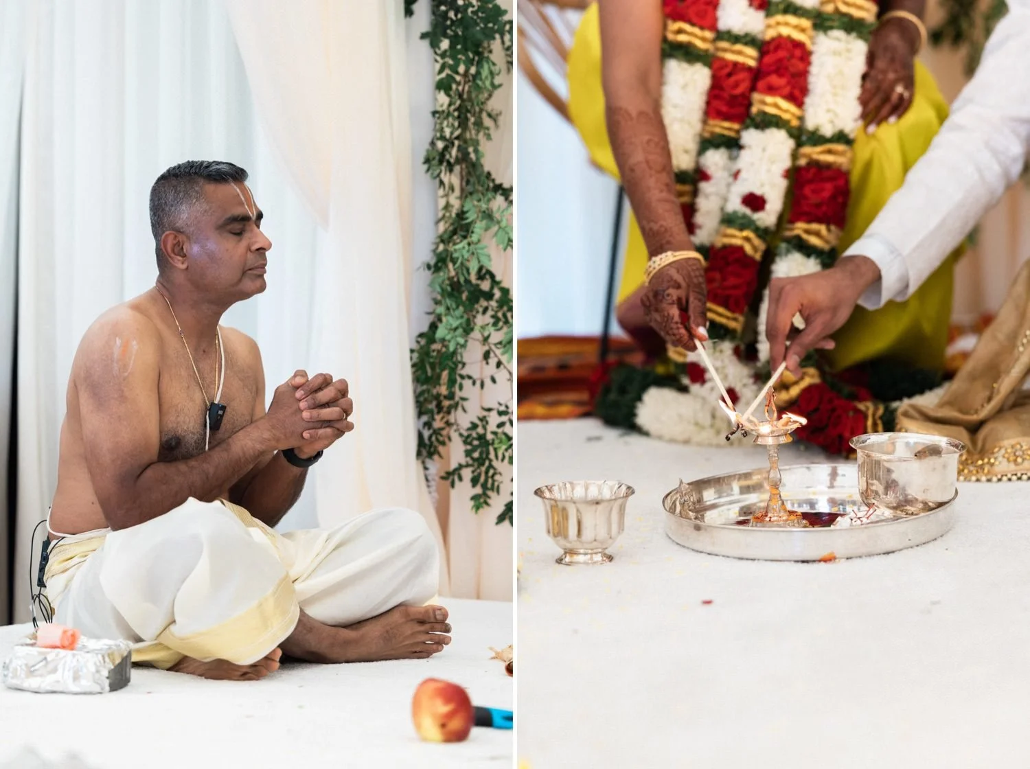 060_Oregon Golf Club Indian Wedding-161_Oregon Golf Club Indian Wedding-160_hindu priest offers blessing during traditional indian wedding ceremony_hands of bride and groom light unity candle during traditional indian wedding ceremony.jpg