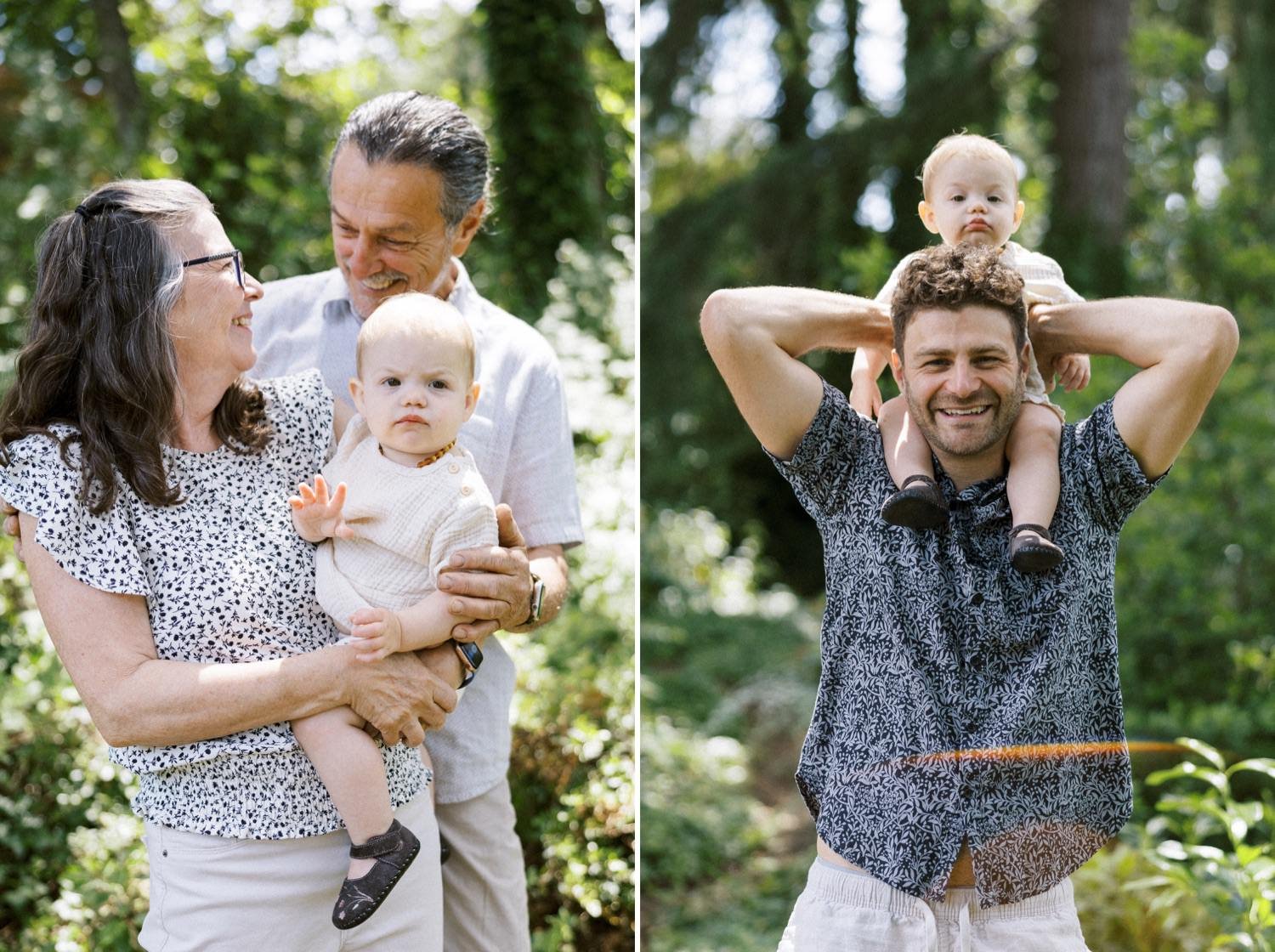 14_Portland Family Photographer-7510_Portland Family Photographer-7529_grandma and grandpa hold granddaughter_dad in blue floral shirt holds baby daughter on shoulders.jpg