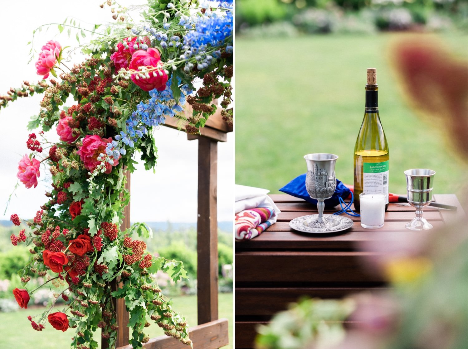 019_The Orchard Hood River Wedding76_The Orchard Hood River Wedding75_wine and candle and chalices sit on wooden table_pink and blue florals on wedding arbor.jpg