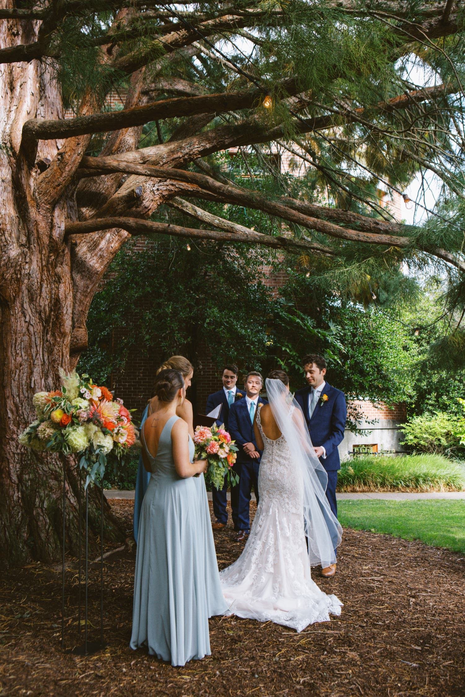  wedding ceremony under a sequoia tree at mcmenamins grand lodge 
