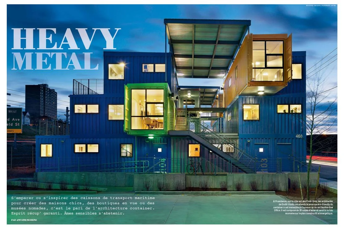 The Box Office is a 3-story office building consisting of 32 reused shipping containers under construction in Providence. The office spaces contain dramatic 14 foot cantilevers and container bridges are formed to create passageways between office units. We created a robust Revit Container family for used section/detail creation.